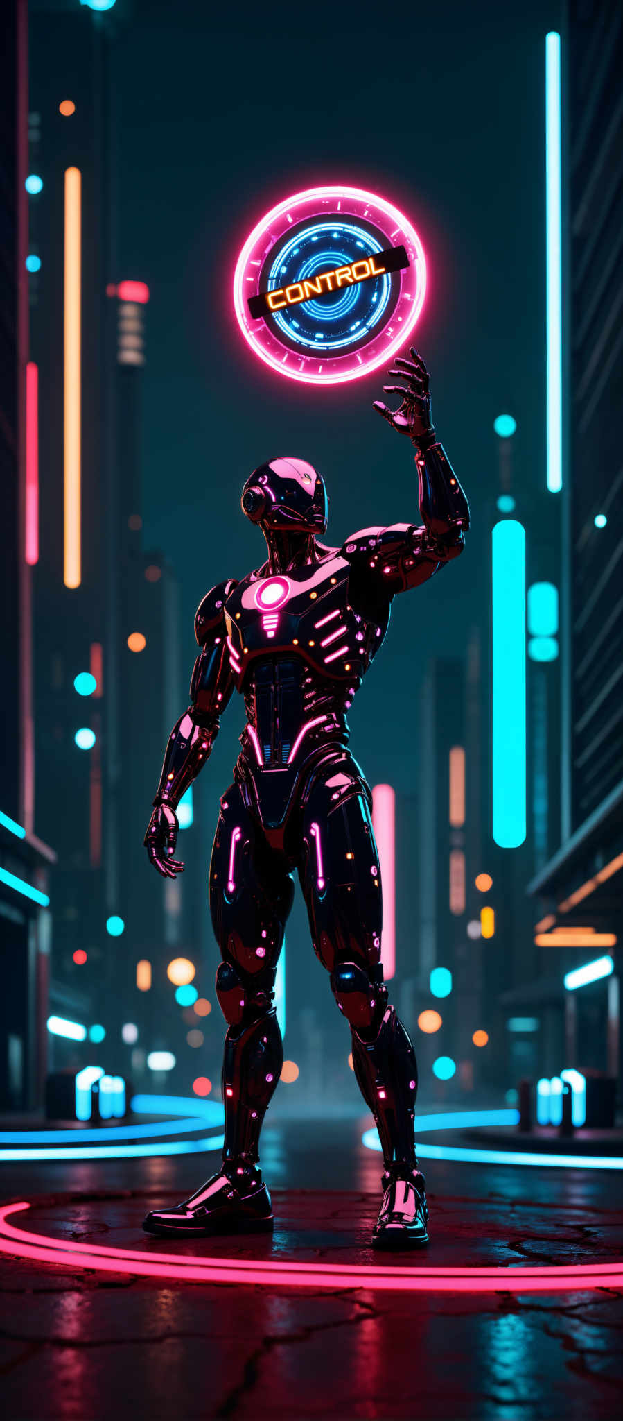 The image portrays a futuristic robot standing in a cityscape. The robot with its shiny black and pink armor is the central figure in the image. It has a glowing head adding to its futuristic appearance. The cityscape in the background is filled with tall buildings all illuminated with neon lights in various colors. The buildings are lit up creating a vibrant and lively atmosphere. The image has a futuristic art style and is likely to be associated with the sci-fi genre. The subject of the image is the robot and the motif is the futuristic cityscape creating an interesting contrast between the advanced robot and the urban environment.