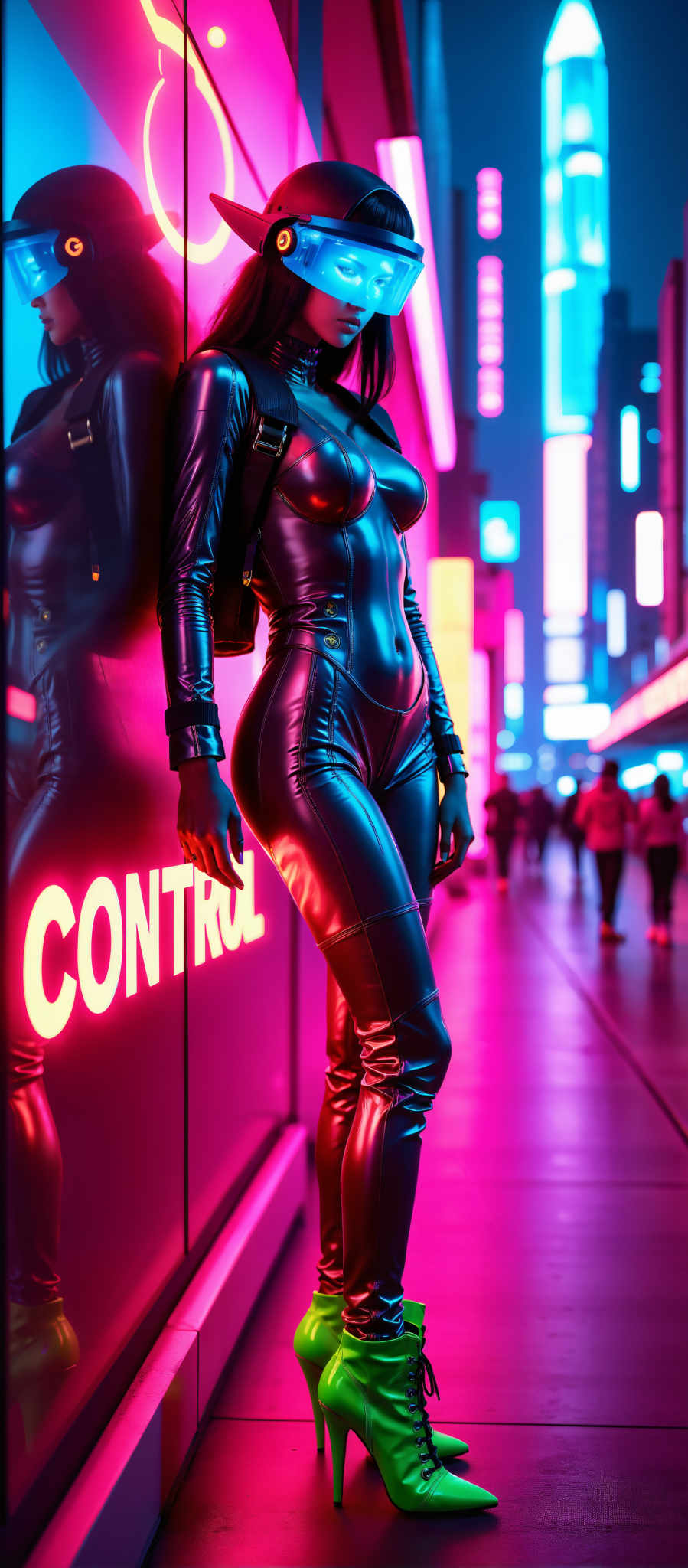 A woman in a futuristic suit stands in front of a neon sign that reads "Control". The suit is a vibrant purple and black with a shiny metallic texture. The woman's pose is confident and assertive with her hands resting on her hips. The background is a cityscape at night filled with neon lights and towering buildings. The art style is futuristic and the subject is a woman in the suit. The motif is control as suggested by the neon sign. The image evokes a sense of power and authority.