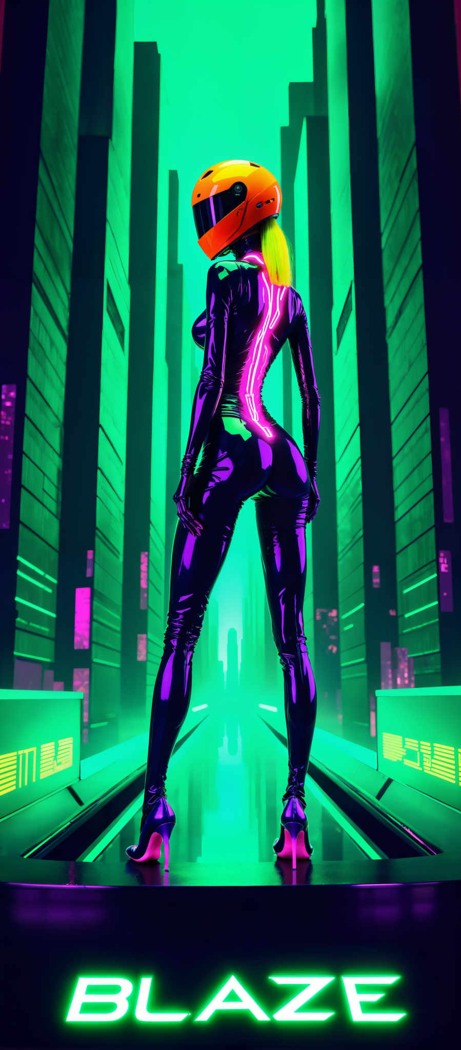 The image portrays a woman in a futuristic setting. She is clad in a black leather outfit adorned with pink lines that add a vibrant contrast. The woman stands confidently with her hands on her hips her back to the viewer adding an air of mystery. The backdrop is a cityscape illuminated by neon lights in shades of green and purple creating an atmosphere of otherworldly intrigue. The art style is reminiscent of digital illustration with a focus on the woman's figure and the futuristic cityscape. The subject of the image is the woman and the motif is the futuristic setting evoking a sense of wonder and exploration.