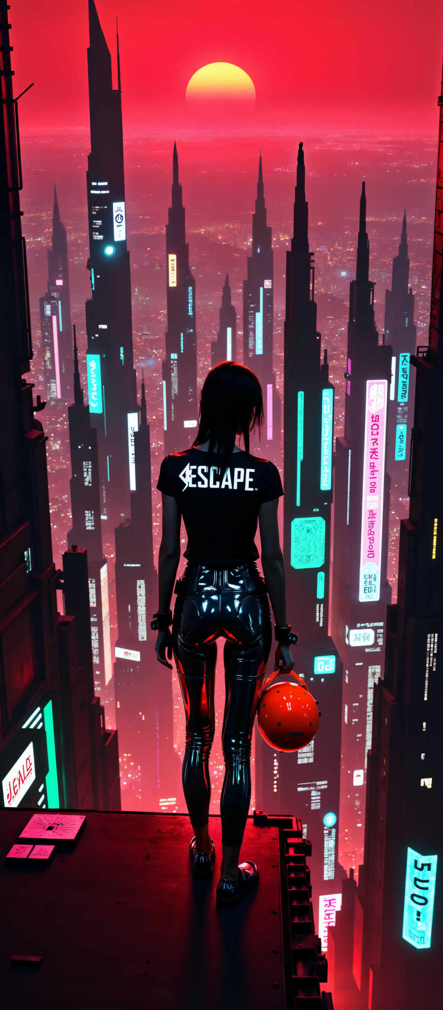 A woman in a black shirt with the word "Escape" written on it stands in front of a cityscape. She is wearing black pants and a red helmet. The cityscape is filled with neon lights in shades of red blue and green. The art style is futuristic and the subject is a woman. The motif is escape as indicated by her attire and the cityscape in the background.