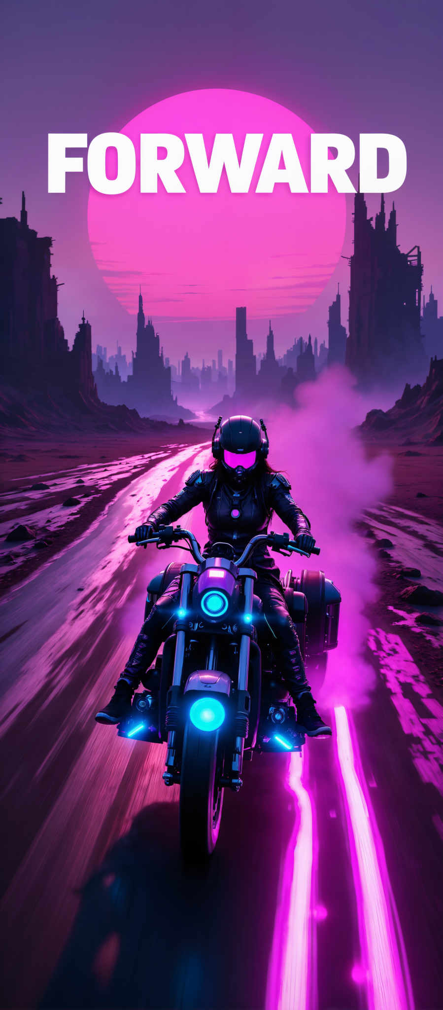 A woman in a black leather outfit is riding a motorcycle through a city at dusk. The motorcycle is purple and has blue lights on the front. The city is filled with tall buildings and the sky is pink. The woman is wearing a black helmet with a pink visor. The art style is futuristic and the subject is a woman. The motif is a cityscape at dusk with a woman riding a futuristic motorcycle.