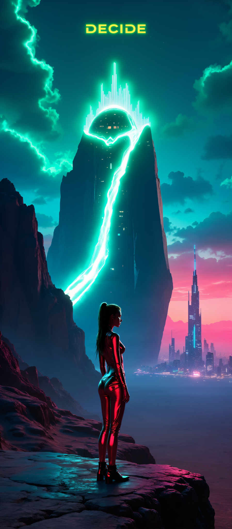 In the image a woman with long hair stands in front of a large jagged rock formation. She is dressed in a vibrant red and black outfit. The rock formation is illuminated by a bright blue light creating a stark contrast against the dark blue sky. In the distance a city skyline is visible with a tall building standing out prominently. The art style of the image is reminiscent of a digital illustration and the overall mood is one of mystery and intrigue. The woman's position in front the rock formation and the city skyline in the background suggests a sense of scale and grandeur. The bright blue lighting on the rock adds a touch of surrealism to the scene. The image does not contain any text.