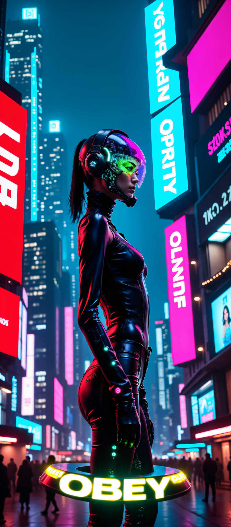 A woman in a futuristic suit stands in front of a city skyline. She is wearing a black and purple suit and her face is obscured by a green visor. The cityscape behind her is filled with neon lights in shades of red blue and pink. The art style of the image is futuristic and the subject is a woman. The motif is a cityscape and she appears to be in a high-tech environment. The image evokes a sense of mystery and intrigue.