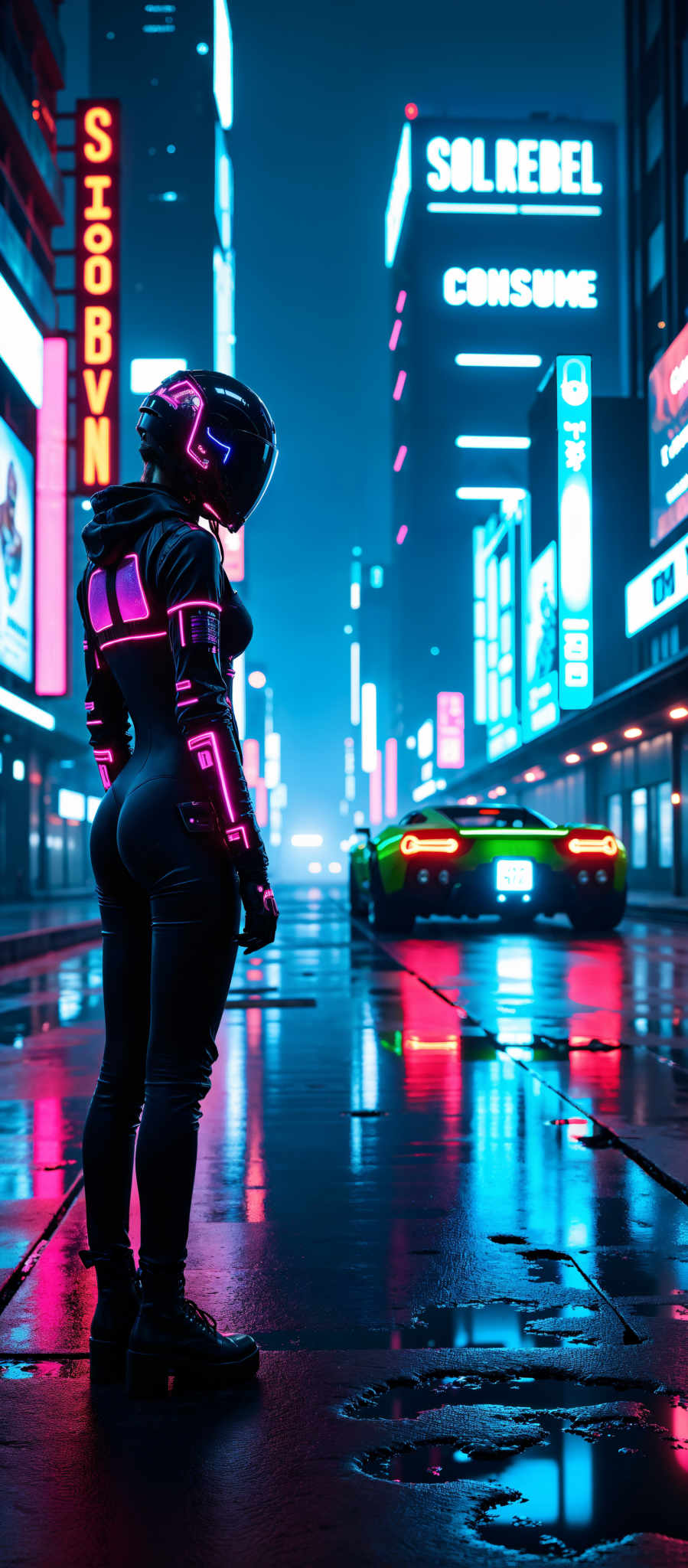 In the image a woman is standing on a wet street at night. She is wearing a black leather outfit and a neon helmet which is glowing in pink and blue. The street is illuminated by neon signs and a green sports car is driving towards her. The scene is set in a futuristic cityscape. The woman appears to be waiting for the car to pass by. The overall atmosphere of the image is dark and moody with a sense of anticipation. The colors in the image are predominantly black pink and blue with some green and white accents. The art style of the photo is futuristic and neon-lit with an emphasis on the woman's outfit and the neon signs. The subject of the photograph is the woman and the motif is the futuristic city setting. The image does not contain any text.