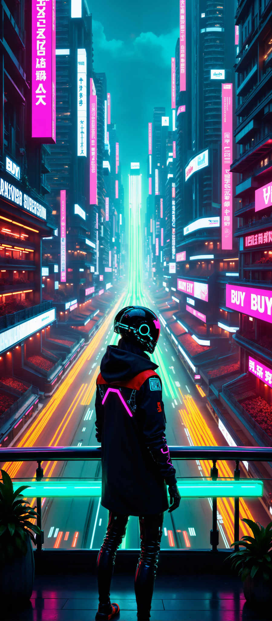 A futuristic scene unfolds in a cityscape bathed in a vibrant palette of pink blue and green. The city is alive with energy illuminated by neon lights that cast a warm glow on the buildings. Amidst this urban jungle a lone figure stands donned in a black helmet adorned with a pink visor. The helmet a stark contrast to the surrounding colors adds an air of mystery to the scene. The figure is positioned in the center of the image facing away from the camera adding a sense of depth and perspective to the composition. The image is a testament to the power of art capturing a moment frozen in time in a world that is both familiar and alien.