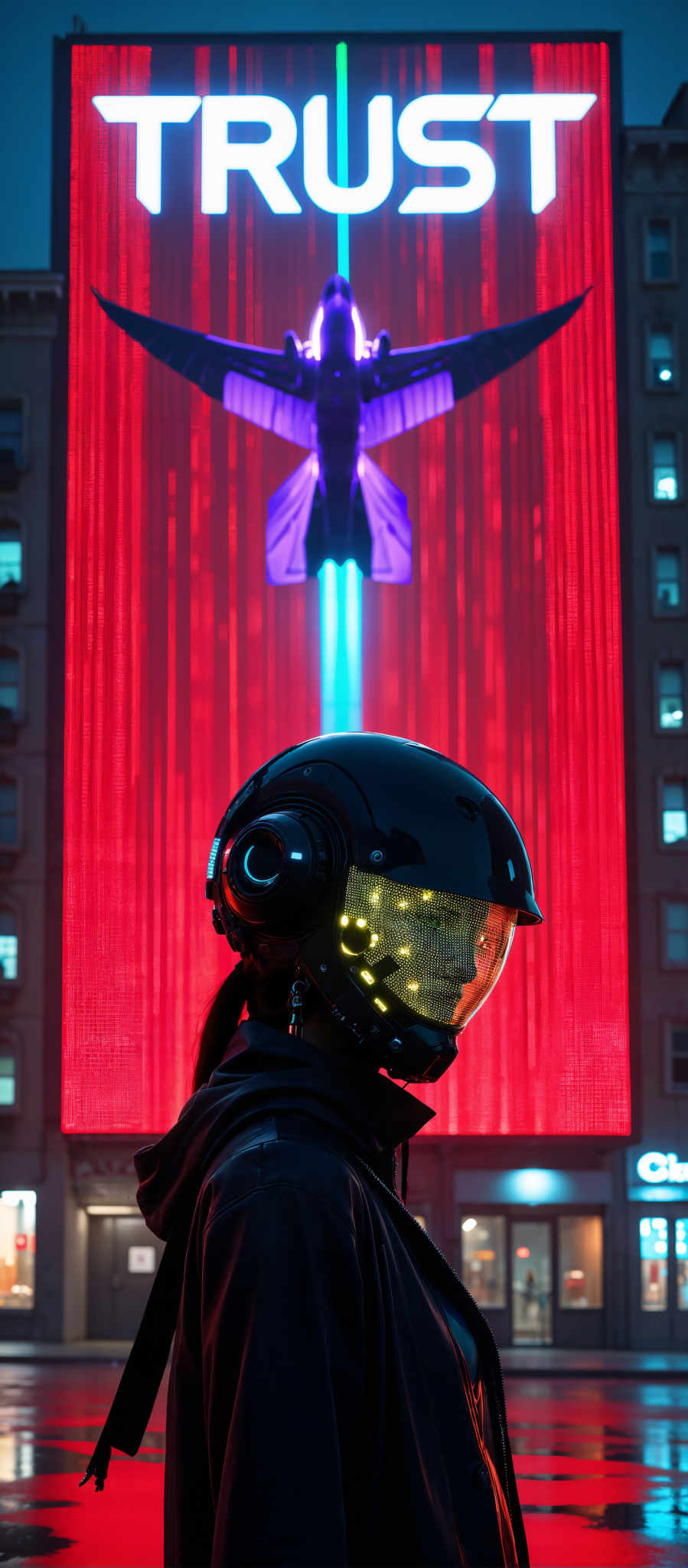 The image portrays a futuristic scene set against a vibrant red backdrop. At the center of the image a person is clad in a black suit and helmet their identity concealed by a clear visor. The helmet is equipped with a yellow light on the front casting a soft glow that contrasts with the surrounding darkness. 

The person is standing in front of a large purple structure which is adorned with a blue light on top. The structure's unique design and the light it emits suggest a futuristic or advanced setting. 

In the background a building with numerous windows can be seen adding depth to the scene. The windows reflect the red light from the background and the blue light from above creating a dynamic interplay of colors.

The overall art style of the scene is futuristic with a focus on advanced technology and design. The subject of the photo is the person in the black suit who appears to be in a position of observation or contemplation. The motif of the subject is one of mystery and intrigue as their identity is hidden by the visor of their helmet.

The image does not contain any discernible text. The relative positions of the objects suggest a well-composed scene with the person and the purple structure as the main focal points. The building in the background provides a sense of scale and context to the setting. The colors objects and their arrangement create a visually striking image that invites viewers to imagine the story behind it.