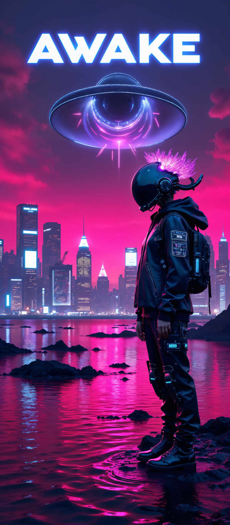 A person in a futuristic cityscape wearing a black leather jacket and a purple helmet stands on a rocky shore. The city is filled with tall buildings and skyscrapers illuminated by neon lights. The sky is a deep purple with a large explosion in the background. The person appears to be looking out over the city perhaps contemplating the chaos of the explosion. The image has a surreal and futuristic art style.