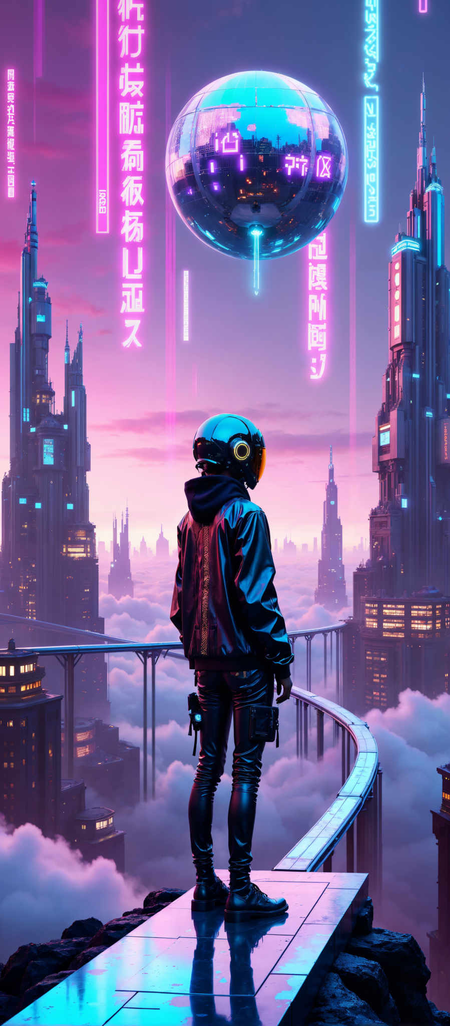 In the image a person is standing on a balcony overlooking a futuristic cityscape. The person is dressed in a black leather jacket and a blue helmet giving off a futuristic vibe. The cityscape is filled with tall buildings and skyscrapers all bathed in a pink and purple glow. The sky is a deep blue adding to the overall futuristic feel of the image. The art style is futuristic and the subject is a person in a futuristic setting. The motif is a futuristic urban landscape.