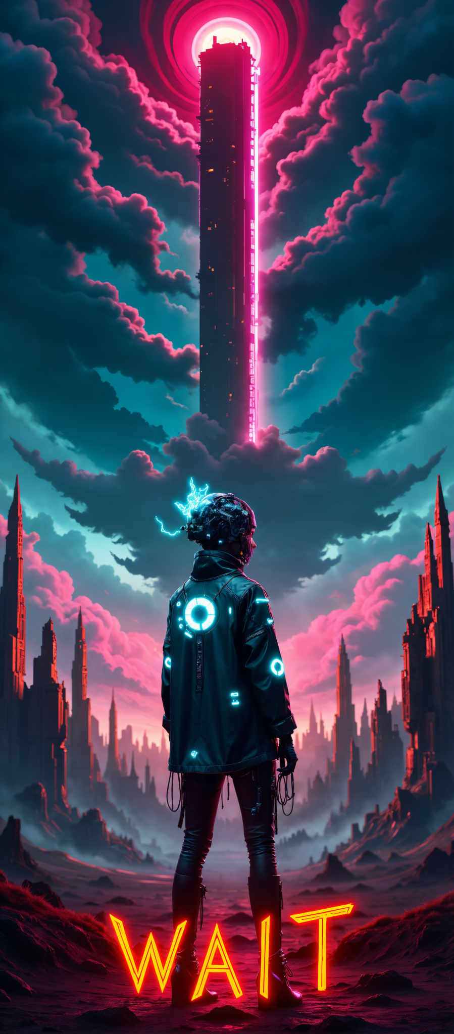 The image portrays a futuristic scene set in a cityscape. At the center of the image a person stands with their back to the viewer donned in a black jacket adorned with blue lights. The person's hair is styled into a large futuristic-looking bun. 

The cityscape in the background is a mix of towering buildings and skyscrapers their silhouettes stark against the sky. The sky itself is a vibrant mix of pink and blue hues with clouds scattered throughout adding depth to the scene.

The art style of the piece is reminiscent of digital art with its use of bright colors and futuristic elements. The overall mood of the artwork is one of mystery and intrigue as the viewer is left to wonder about the person's identity and the purpose of their presence in this futuristic cityscape.

The image does not contain any discernible text. The relative positions of the objects suggest a sense of depth and perspective with the person in the foreground and the cityscape stretching out behind them. The image does an excellent job of capturing the essence of a futuristic city with all its towering structures and vibrant colors.