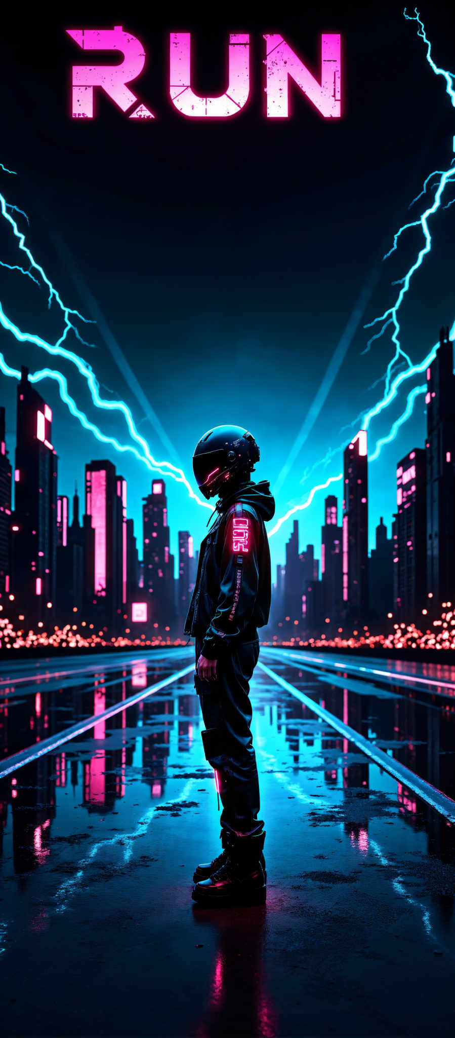 A person in a futuristic cityscape wearing a black helmet and a black jacket with pink letters on the arm stands in front of a city skyline. The city is illuminated by blue and pink lights creating a surreal atmosphere. The person appears to be contemplating the cityscape or perhaps waiting for something. The art style is futuristic with a focus on the city and the person. The subject is the person in the city and the motif is the juxtaposition of the person and the city. The colors are predominantly black blue and pink. The image evokes a sense of wonder and curiosity about the future.