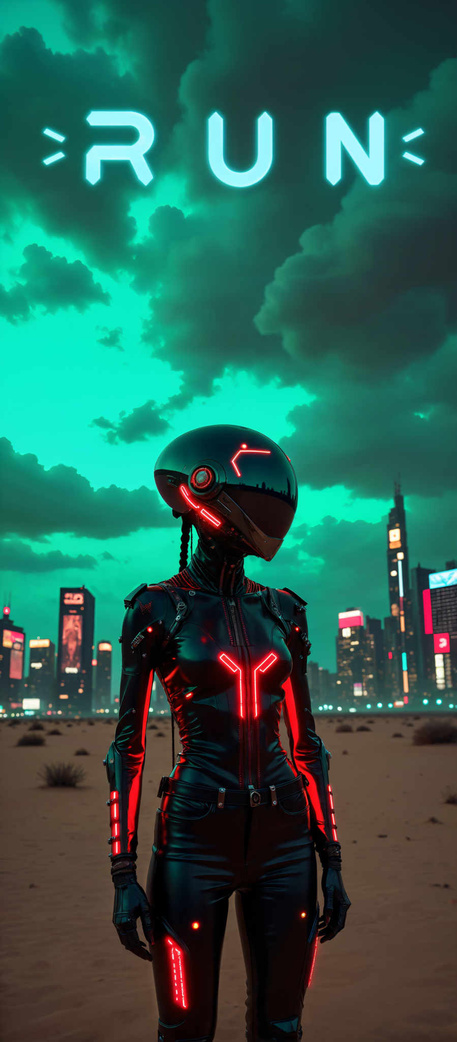 The image portrays a futuristic scene set in a city at night. The main subject is a person clad in a black suit their identity concealed by a black helmet adorned with red lights. The cityscape in the background is a mix of tall buildings their windows illuminated in a variety of colors. The sky above is a dark green dotted with clouds. The overall art style of the image is reminiscent of a digital illustration with a focus on the person in the foreground and the cityscape behind them. The subject appears to be standing still with no discernible action taking place. The motif of the scene is futuristic with the person's suit and helmet suggesting advanced technology. The image does not contain any text.