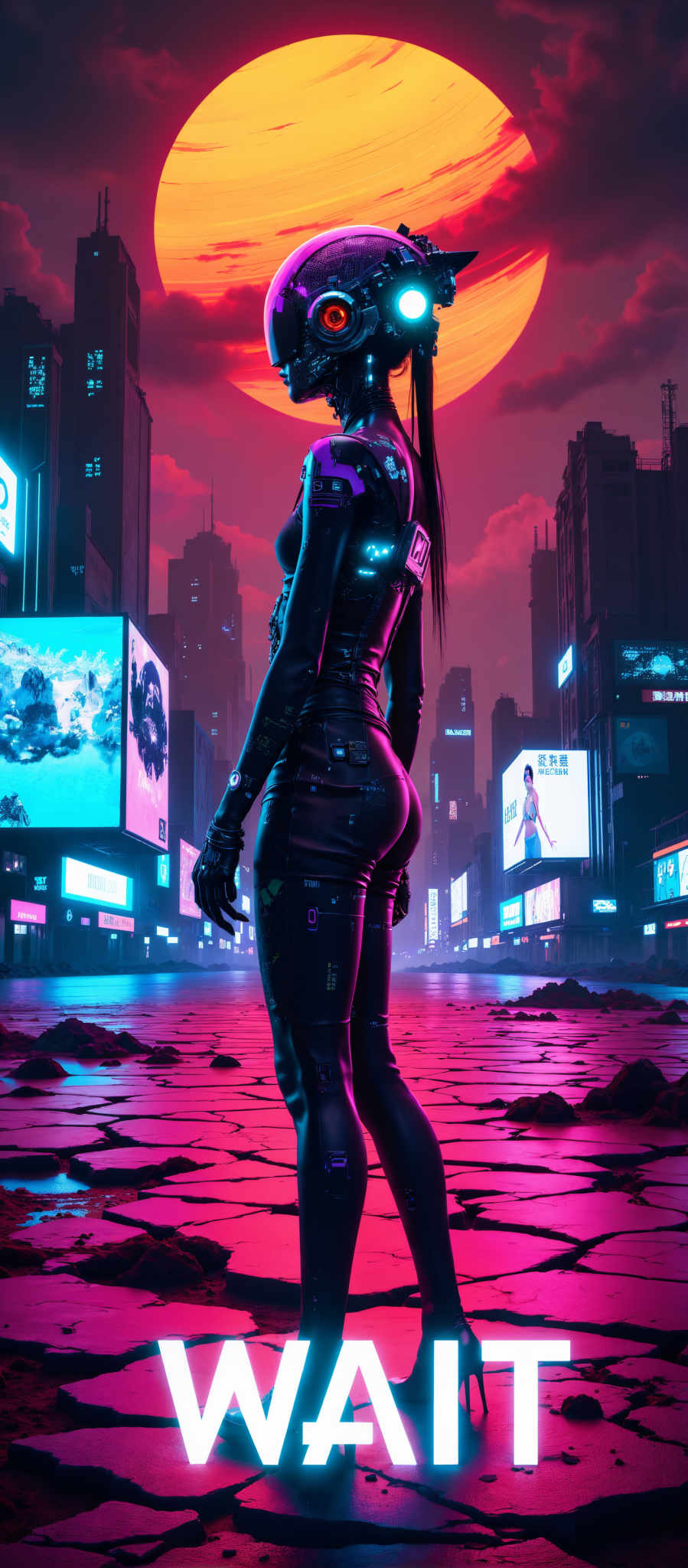 A woman in a futuristic suit stands in a cityscape at night. The suit is black and purple with a high collar and long sleeves. The city is filled with neon lights in shades of blue pink and purple. The woman is standing on a brick road with puddles of water reflecting the city lights. The buildings in the background are tall and modern with many windows lit up. The sky is dark adding to the futuristic feel of the scene. The image is a blend of science fiction and urban landscapes with the woman as the focal point.