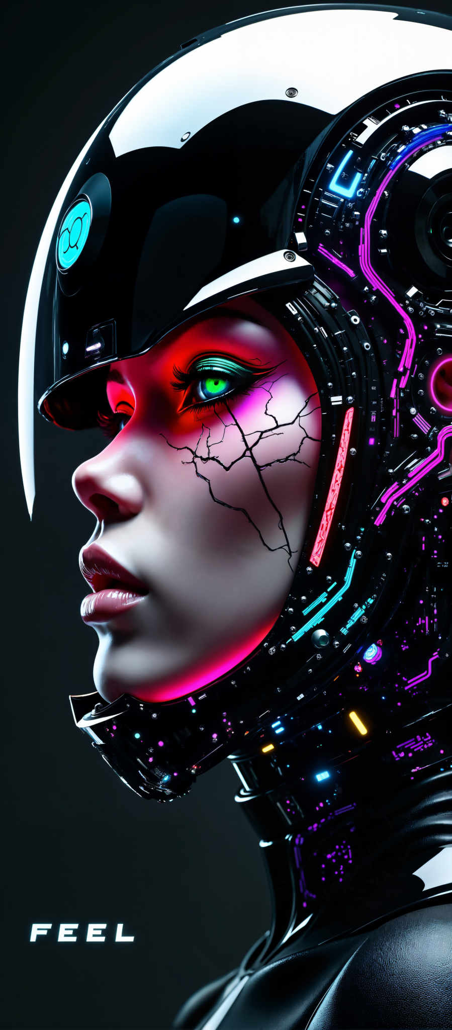 The image presents a close-up view of a person's face which is the central focus. The person is wearing a futuristic helmet that is predominantly black and purple. The helmet is adorned with a red visor that has a cracked pattern adding a sense of depth and complexity to the design. The visor is illuminated with a pink and purple light creating a striking contrast against the dark background. The face of the person is visible through the visor and their eyes are a vibrant green color. The overall art style of the image is futuristic and the subject appears to be a person possibly a warrior or a pilot given the futuristic helmet. The motif of the helmet suggests a theme of technology and innovation.