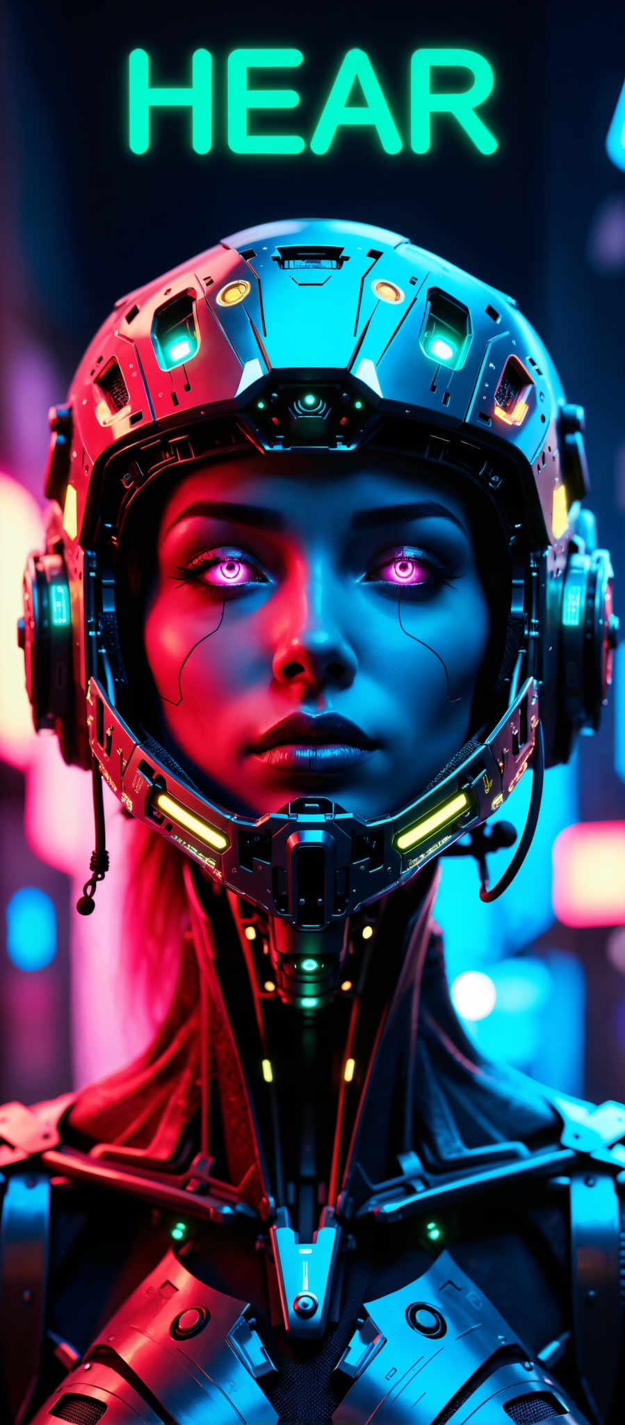 The image presents a close-up view of a person's face which is the central focus. The person's eyes are wide open giving an impression of surprise or shock. The face is adorned with a futuristic helmet that is predominantly blue and black in color. The helmet is equipped with a visor that has a red tint adding a striking contrast to the overall design. The visor is further embellished with a pattern of yellow and green lights enhancing its futuristic appeal. The background of the image is filled with a vibrant mix of red and blue lights creating a visually striking backdrop that complements the main subject. The art style of the photo is reminiscent of a digital illustration with a focus on the intricate details of the helmet and the person's expression. The subject of the photograph is a person wearing the futuristic helmet and the motif revolves around the theme of futuristic technology and advanced design.