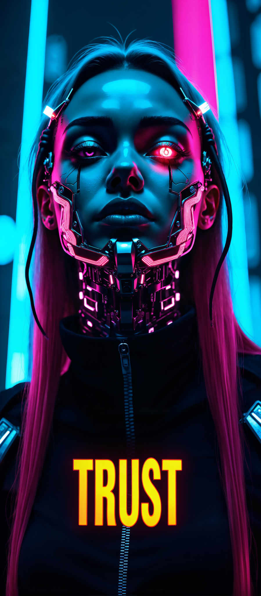 The image portrays a woman with long blonde hair wearing a futuristic-looking headpiece. The headpiece is a striking combination of pink and black with a metallic finish that gives it a high-tech appearance. The woman's face is partially obscured by the headpiece adding an air of mystery to the scene. The background is a vibrant mix of blue and purple lights creating a futuristic ambiance that complements the woman's attire. The overall art style of the image is surreal blending elements of reality with the fantastical. The subject of the photo is the woman and the motif is the futuristic headpiece and the surreal background. The image evokes a sense of wonder and curiosity inviting viewers to explore its meaning.