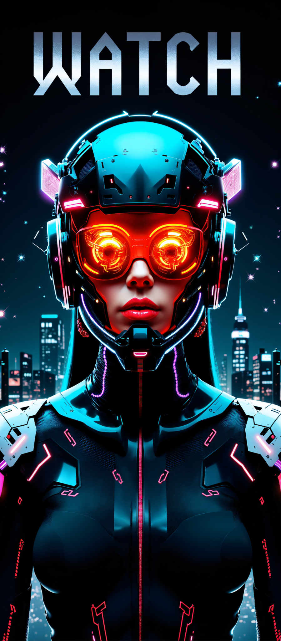 The image presents a futuristic scene featuring a person in a helmet. The helmet is predominantly black and blue with a visor that has a striking red and orange glow. The person's face is visible through the visor and they are wearing a red lipstick that adds a pop of color to the otherwise monochrome helmet.

The background of the image is a cityscape with tall buildings stretching towards the sky. The buildings are silhouetted creating a stark contrast against the dark blue sky. Scattered throughout the sky are white stars adding a sense of depth and vastness to the scene.

The art style of the illustration is futuristic with the helmet and the cityscape suggesting a setting from a science fiction or cyberpunk universe. The use of bright colors and the futuristic theme make the image visually striking and engaging. The subject of the artwork is the person in the helmet who appears to be the main focus of the composition. The cityscape serves as a backdrop providing context and setting for the scene. The motif of the art is the fusion of technology and nature represented by the futuristic helmet and cityscape against the natural elements of the sky and stars.