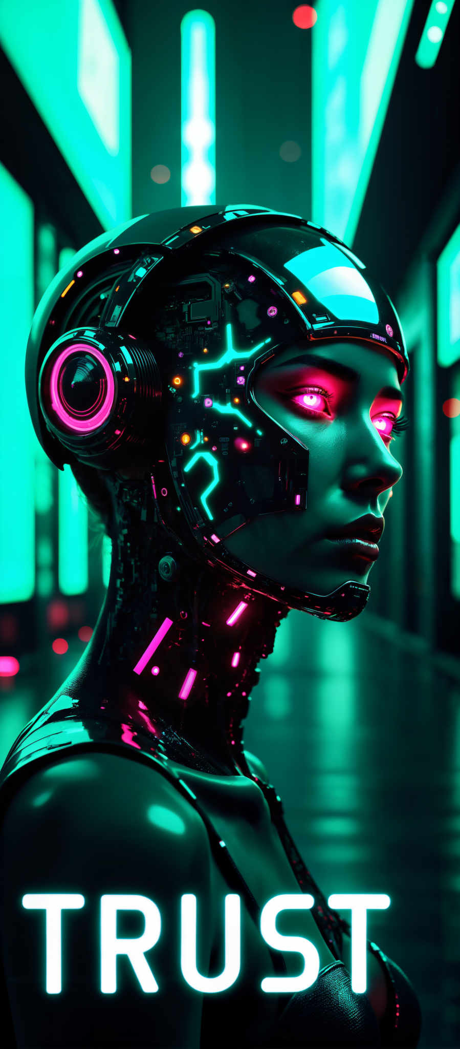 The image presents a close-up view of a futuristic robot head. The robot's head is predominantly black with a metallic sheen that reflects a myriad of colors. The eyes of the robot are glowing a vibrant pink adding a touch of warmth to the otherwise cold mechanical appearance. The head is adorned with a series of wires and circuit boards hinting at the advanced technology that might be housed within. The background is a dark green providing a stark contrast to the robot's black head. This contrast accentuates the robot making it the focal point of the image. The overall art style of the photo is futuristic suggesting that the image might be from a science fiction or fantasy setting. The subject of the photograph is the robot head and the motif is the exploration of advanced technology and its potential impact on society.