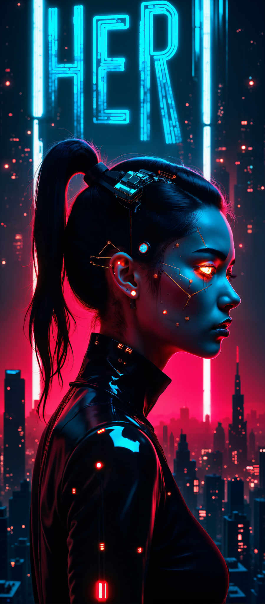 The image portrays a woman with long black hair adorned with a futuristic headpiece. The headpiece is a striking combination of blue and gold with a large chip embedded in the center. The woman's face is painted with a striking red and blue design adding to the overall futuristic theme. The background is a cityscape with tall buildings illuminated in red and pink lights. The art style is reminiscent of digital art with bold colors and a focus on the woman's headpiece and face design. The subject of the image is the woman and the motif is a futuristic cityscape. The image evokes a sense of futuristic technology and advanced design.