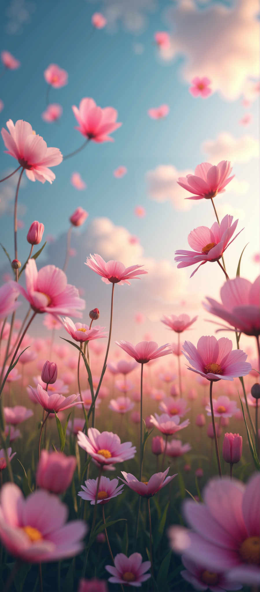 A mesmerizing field of pink flowers sways gently, their delicate petals dancing in the breeze. The vibrant blossoms, with their sunny yellow centers, create a sea of color against the lush green grass. Above, a brilliant blue sky dotted with fluffy white clouds completes this enchanting scene.