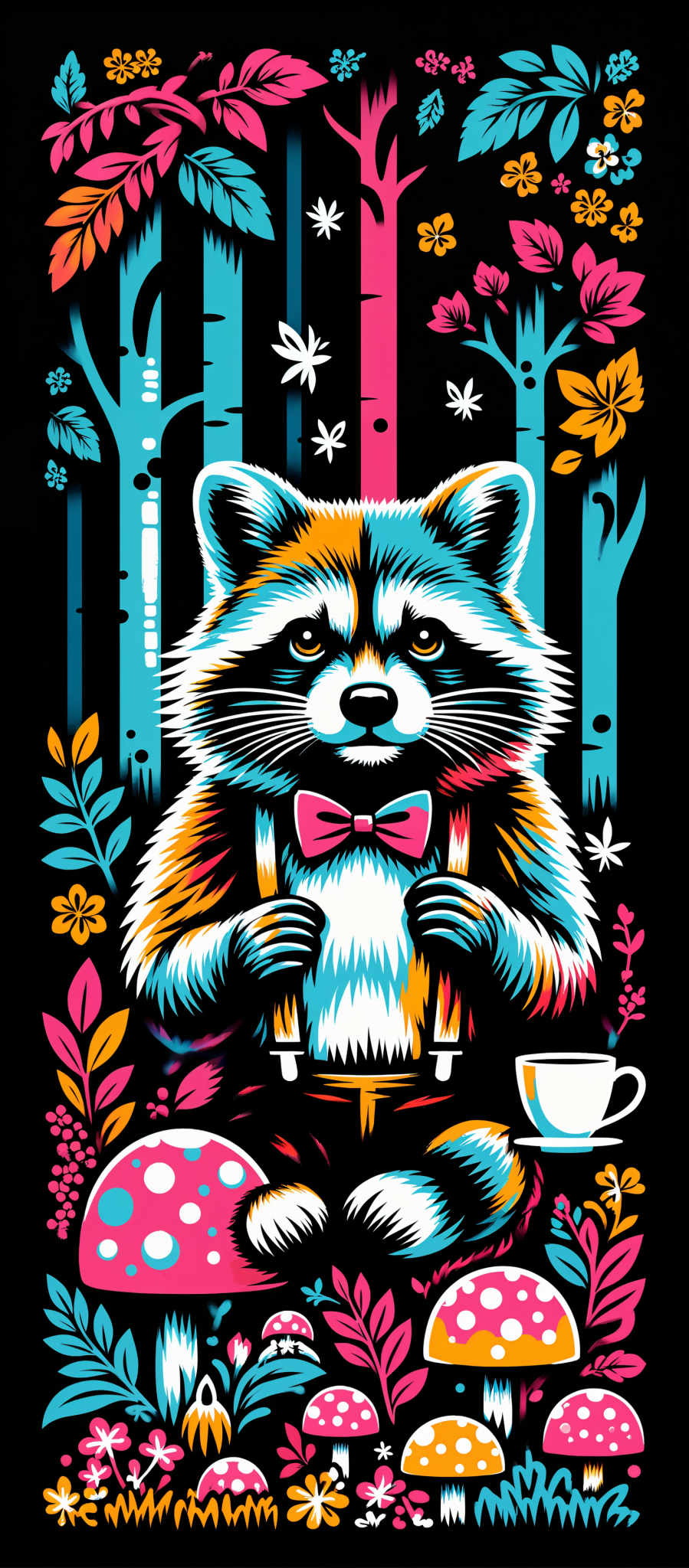 The image portrays a charming scene featuring a raccoon as the main subject. The raccoon with its distinctive black and brown fur is adorned with a pink bowtie adding a touch of whimsy to its appearance. It is holding a white cup in its paws suggesting a sense of curiosity or perhaps a playful interaction with the cup. The background is a vibrant display of blue and green hues filled with various objects such as a teapot a bird and a flower creating a lively and dynamic atmosphere. The art style is reminiscent of a children's book illustration characterized by bold colors and playful elements. The overall mood of the image is cheerful and whimsical inviting viewers to engage with the scene and appreciate the creativity behind it.