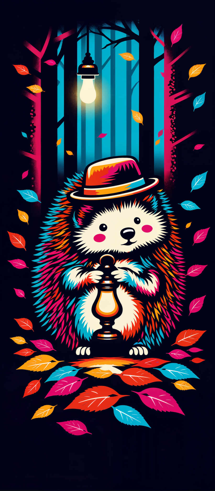 The image portrays a whimsical scene featuring a bear. The bear adorned with a hat and a scarf is the central figure in the image. It holds a lantern which adds a warm glow to the scene. The background is a dark blue providing a stark contrast to the bear's vibrant colors. Scattered throughout the image are leaves in shades of pink and yellow adding a touch of autumn to the overall composition. The art style is reminiscent of a children's storybook with its bright colors and playful subject matter. The image evokes a sense of wonder and curiosity inviting the viewer to explore its whimsical world.