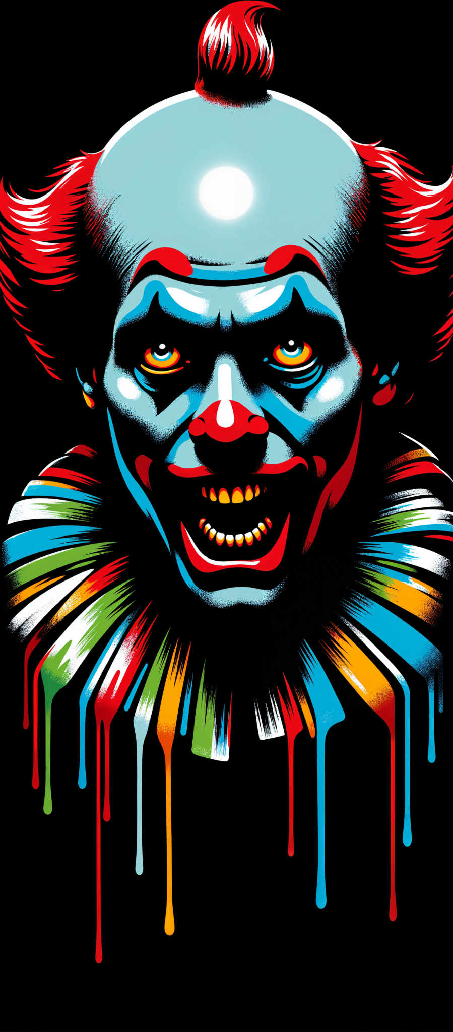 The image portrays a close-up of a clown's face which is the central focus. The clown's mouth is wide open revealing a set of sharp teeth adding a sense of eeriness to the otherwise jovial expression. The face is painted in a vibrant palette of blue red and green colors creating a striking contrast against the black background. The art style is reminiscent of a painting with bold lines and bright colors. The subject of the image is the clown and the motif is the juxtaposition of the clown's friendly appearance with the menacing teeth. The image evokes a sense curiosity and intrigue about the clown and its true nature.