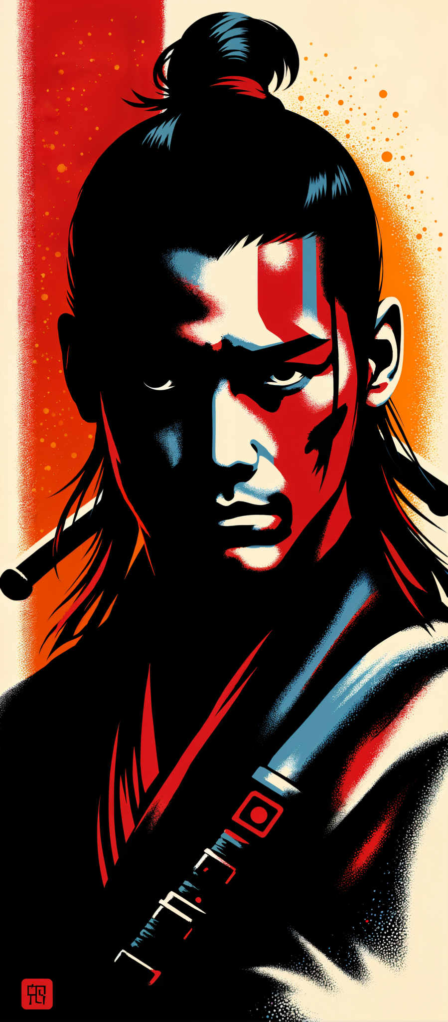 The image portrays a man with long hair dressed in a blue and red outfit. His face is adorned with red and blue paint adding a dramatic effect to his appearance. The art style is reminiscent of anime characterized by bold lines and vibrant colors. The man's gaze is intense suggesting a sense of determination or resolve. The background is a striking blend of orange and red which contrasts with the man's blue and white attire. This contrast further emphasizes the man as the focal point of the image. The overall composition of the elements in the image creates a visually striking and memorable scene.