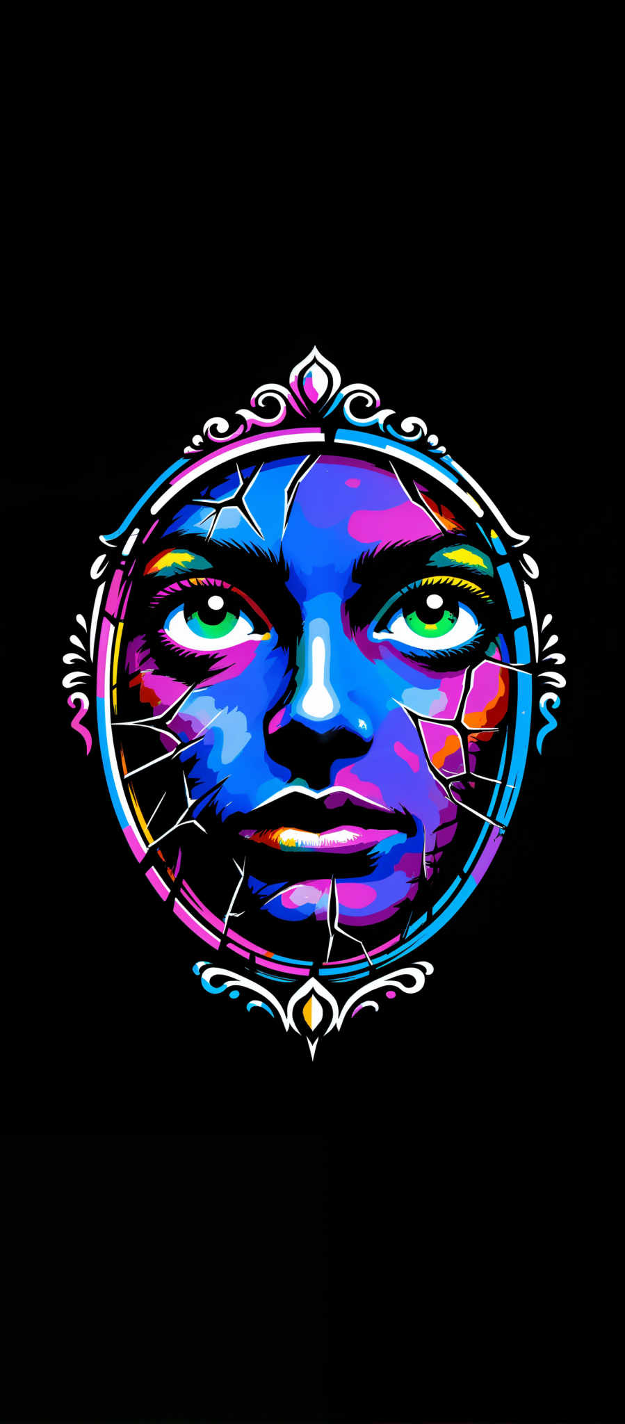 The image presents a captivating digital art piece featuring a woman's face. The face which is the central focus of the image is depicted in a striking blue color. The woman's eyes are a vibrant green and her lips are a soft pink. The background of the face is a stark black which contrasts with the colorful elements and makes them stand out.

The face is encased within a circular frame which adds an artistic touch to the overall composition. The frame is not just a simple circle but it is adorned with a floral design adding a touch of elegance and sophistication to the piece.

The art style of the piece is reminiscent of digital painting or illustration. The use of bright colors and the digital medium give the image a modern and contemporary feel. The subject of the art piece is a woman and the motif is the beauty and allure of women.

The image does not contain any text or other discernible objects. The relative position of the objects is such that the woman's blue face is centrally located within the floral-framed circle which in turn is set against the black background. The image does an excellent job of capturing the viewer's attention with its vibrant colors and intricate details.