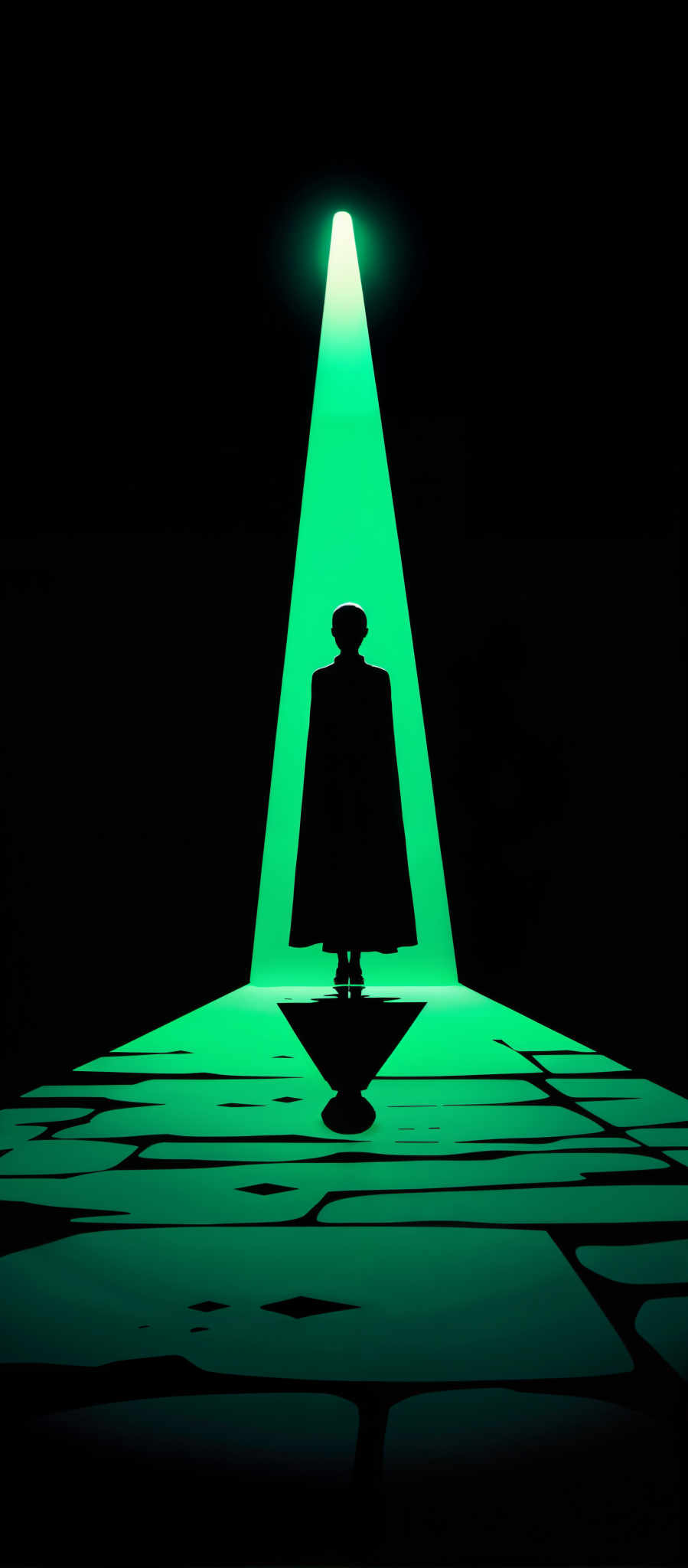 The image portrays a solitary figure standing in the center of a room illuminated by a bright green light. The person is dressed in a long black coat and a hat adding an air of mystery to their identity. The room itself is shrouded in darkness with the green light casting an ethereal glow on the floor which is composed of black and white tiles. The overall atmosphere of the image is one of intrigue and solitude. The art style is reminiscent of the works of the Impressionist masters with its emphasis on light and color. The subject of the painting is the person who is the focal point of the composition. The motif of the piece is the interplay of light and shadow creating a sense of depth and dimension. The image does not contain any text or other discernible objects. The relative position of the person to the light source is central with both the figure and the light being the main elements of the scene. The colors used in the image are predominantly green black and white. The count of the objects in the scene is one which includes the person and the source of light.