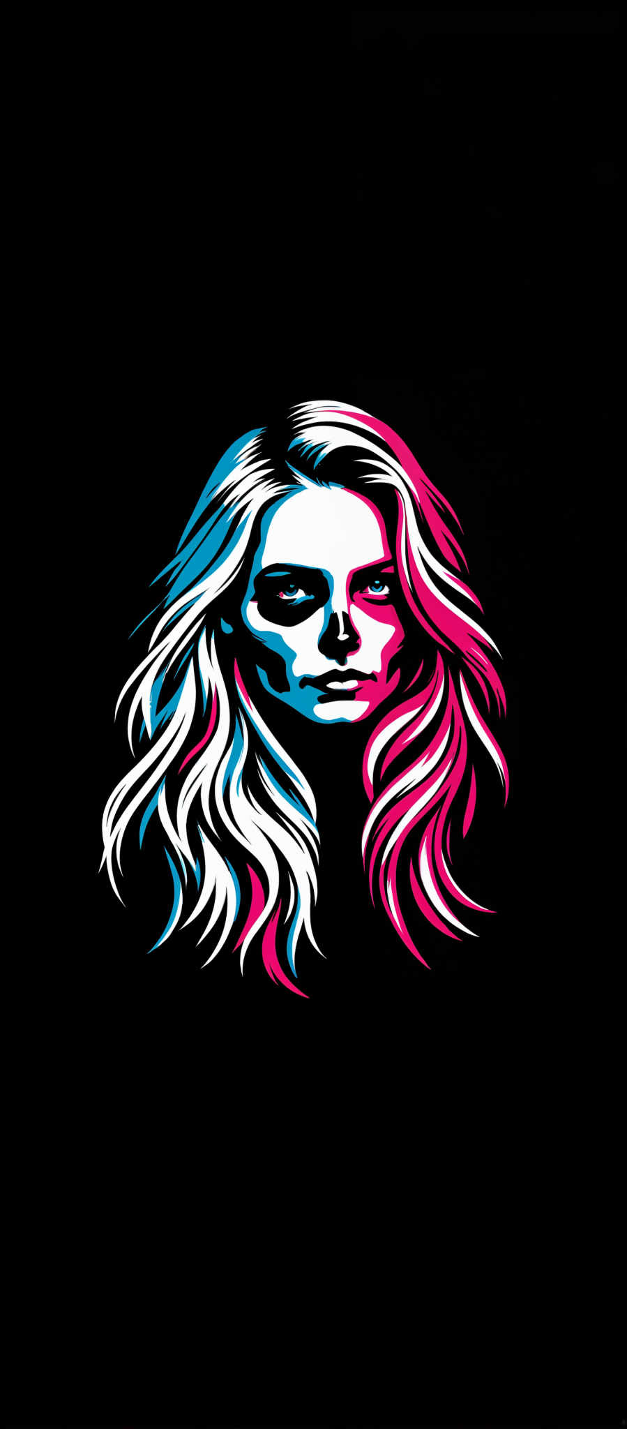 The image portrays a woman with long flowing blonde hair. Her hair is styled in loose waves adding a sense of movement to the scene. The woman's face is painted white with striking blue and pink accents highlighting her features. The background is a stark black which contrasts with the woman's vibrant appearance and draws attention to her. The art style is reminiscent of a painting with the use of bold colors and dramatic lighting. The subject of the image is a woman and the motif is the beauty and mystery of the female form. The image evokes a sense curiosity and intrigue inviting the viewer to explore the story behind it.