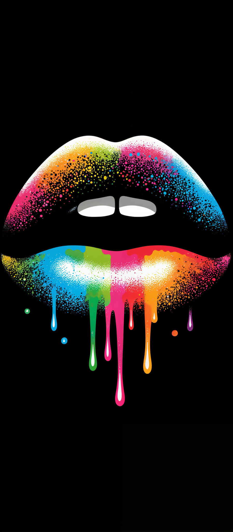 The image presents a vibrant and colorful representation of a mouth. The mouth is open revealing a tongue that is a mix of pink and blue hues. The tongue is adorned with a pattern of rainbow colors adding a playful and whimsical touch to the overall composition. The background is black which contrasts with the bright colors of the mouth and tongue making them stand out. The art style of the image is abstract with the use of splatters and drips of paint on the mouth giving it a dynamic and energetic feel. The subject of the artwork is the mouth with the tongue and the motif is the rainbow pattern on the tongue. The image evokes a sense of joy and creativity with its bright colors and abstract style.