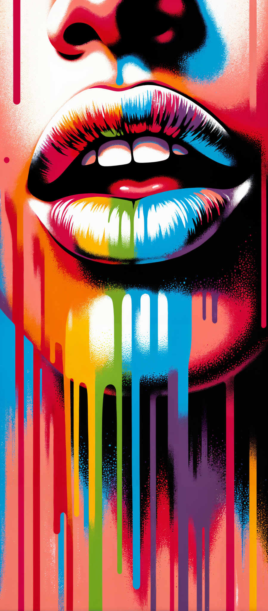 The image is a vibrant and colorful representation of a face painted in a post-impressionist style. The face is the central subject of the image with its mouth open wide as if caught in a moment of surprise or excitement. The colors used are bright and bold with a mix of red blue yellow and green creating a lively and dynamic atmosphere. The art style is reminiscent of the post-imressionist movement characterized by its use of bright colors and loose brushstrokes. The image evokes a sense of joy and energy with the open mouth suggesting a shout or exclamation. The subject of this image is the face with no other objects or figures present. The motif is the expression of emotion with color and brushwork used to convey a sense or feeling.