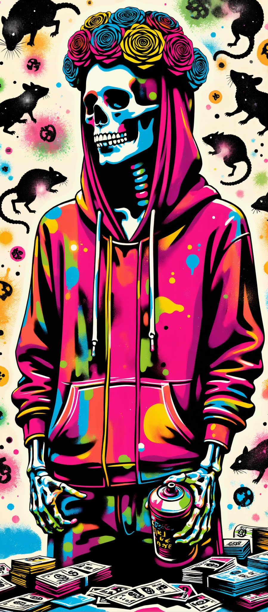 The image portrays a person standing in a vibrant colorful setting. The person is dressed in a pink hoodie with a hood and two strings hanging from the front. The background is a lively mix of colors featuring a black cat a skull and a rainbow. The art style is reminiscent of graffiti and the subject appears to be a person possibly a woman. The motif is a blend of urban and whimsical elements creating a unique and intriguing visual experience.