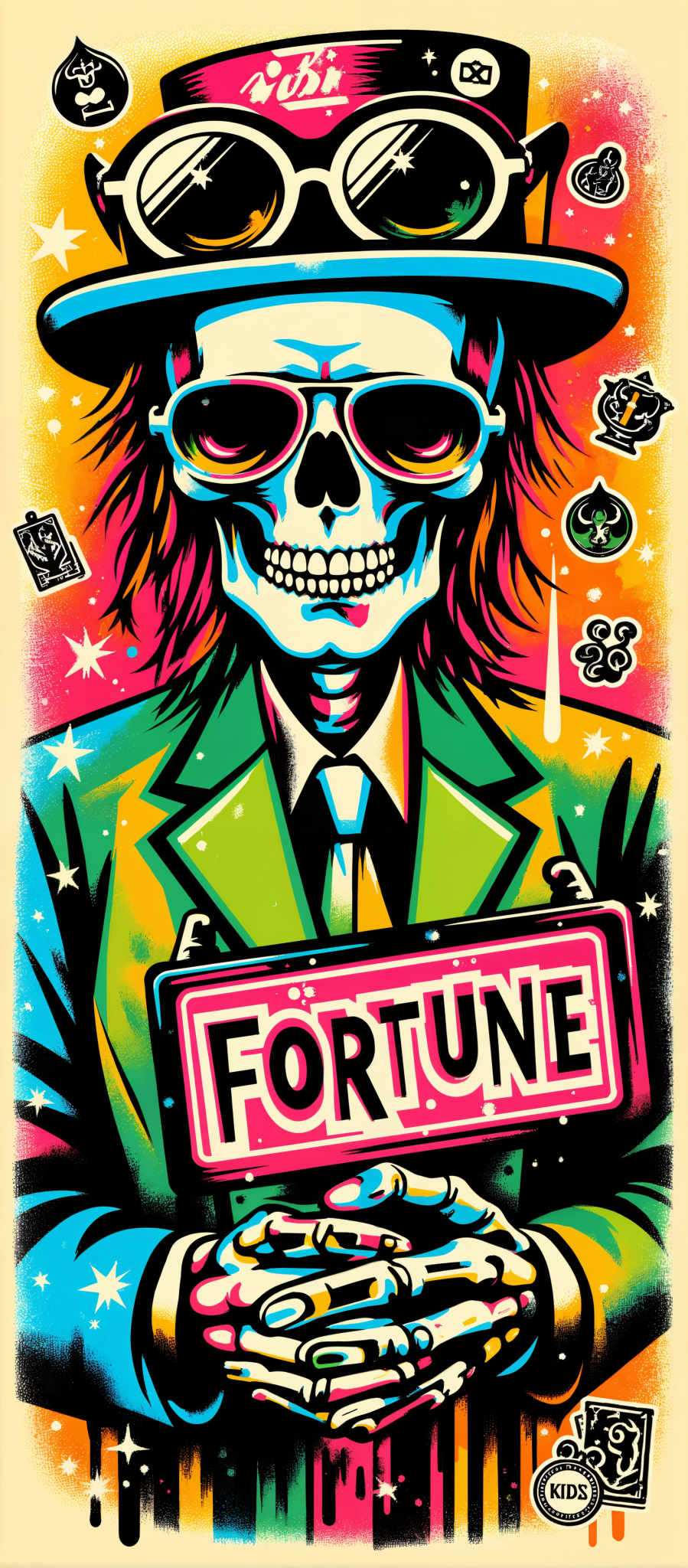 The image portrays a skull with long hair and a suit holding a sign that reads "Fortune". The skull is surrounded by a vibrant psychedelic background filled with stars butterflies and other elements. The overall art style is reminiscent of the works of Salvador Dali and the image evokes a sense of mystery and intrigue. The use of bright colors and surreal imagery creates a visually striking composition that draws the viewer's attention. The subject of the image is the skull which is a symbol of mortality and the impermanence of life. The motif of fortune suggests a connection to luck and prosperity. The image is a fascinating blend of the macabre and the surreal creating a unique and captivating visual experience.