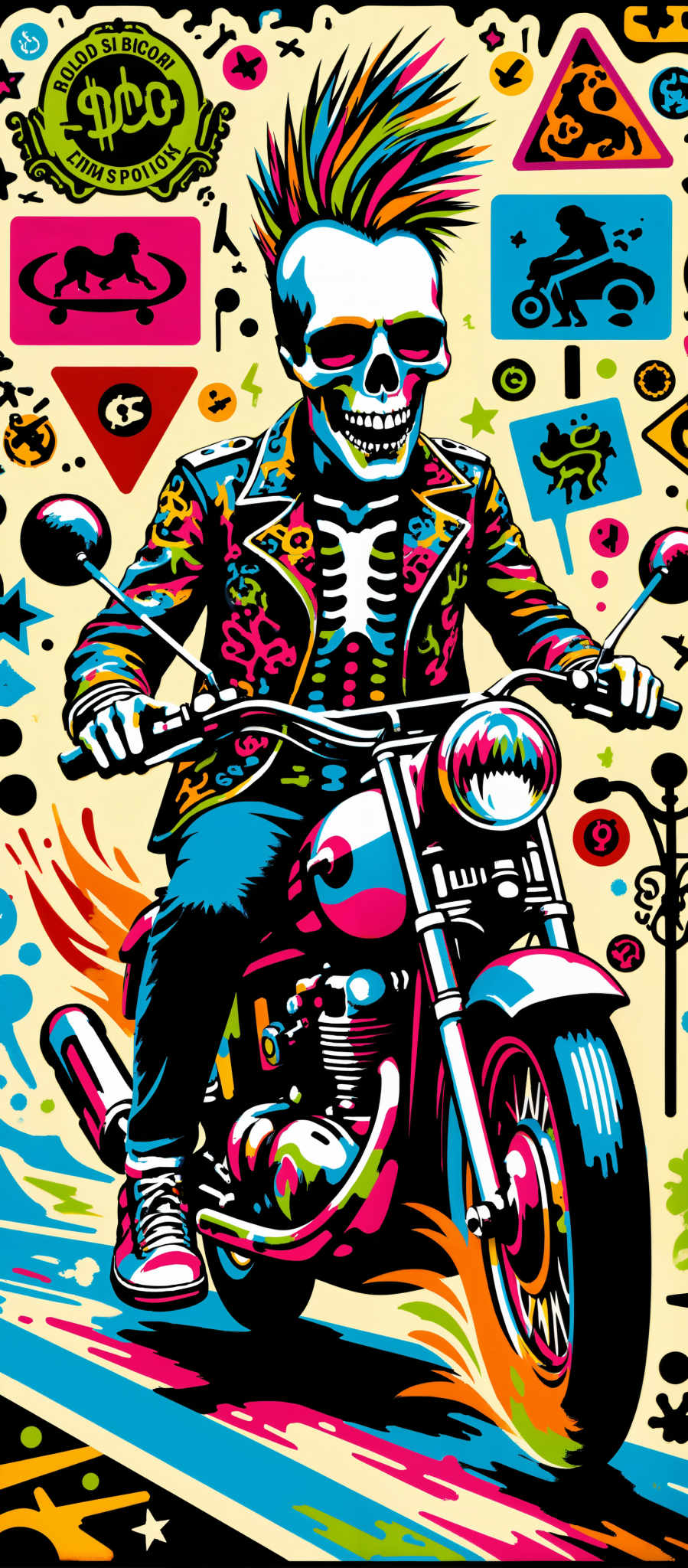 The image portrays a man riding a motorcycle exuding a sense of adventure and freedom. He is dressed in a vibrant jacket adorned with skulls and bones adding an element of danger and rebellion to his persona. The motorcycle painted in shades of blue and pink stands out against the colorful background. The background itself is a riot of colors featuring various objects such as a rocket ship a skull and a mushroom further enhancing the surreal and dreamlike quality of the artwork. The art style is reminiscent of pop art characterized by bold colors and simple shapes. The subject of the image is the man on the motorcycle and the motif revolves around themes of travel exploration and individualism.