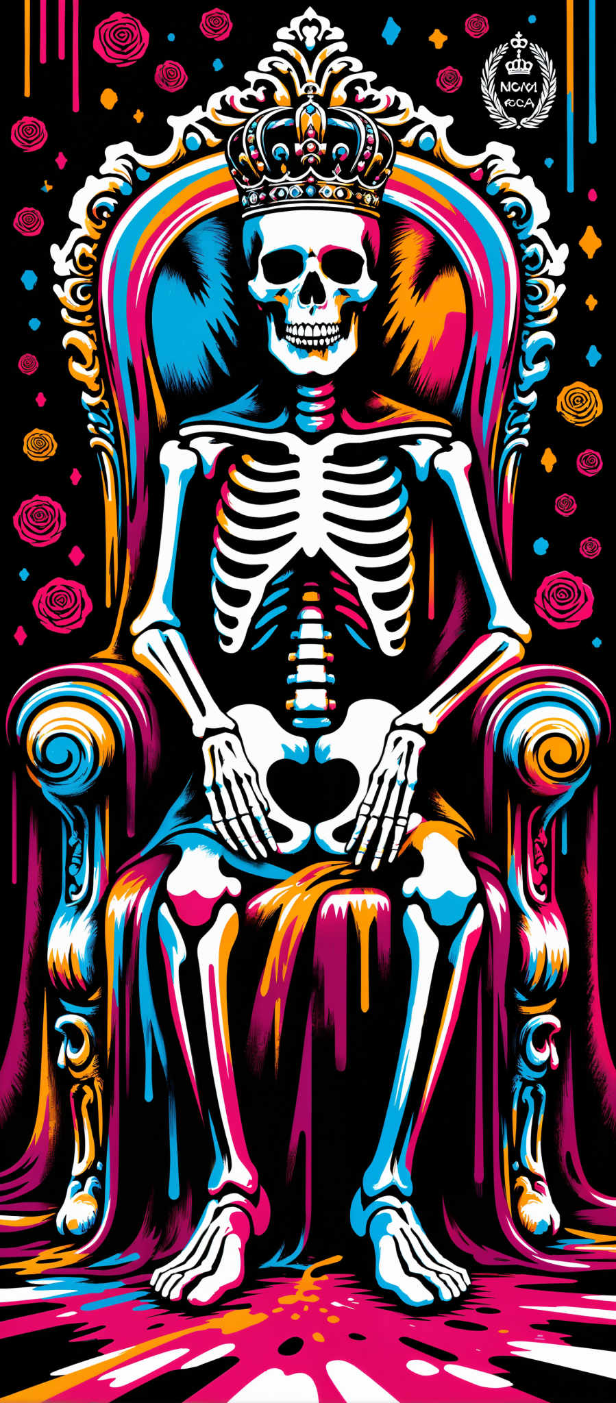 The image presents a vibrant and colorful illustration of a skeleton which is the central subject. The skeleton is depicted in a seated position with its arms resting on its knees giving it a relaxed and contemplative appearance. The bones are intricately detailed showcasing the artist's skill and attention to detail.

The skeleton is set against a black background which contrasts with the bright colors of the skeleton and the surrounding elements. The background is adorned with a floral pattern adding a touch of nature to the otherwise stark image. The flowers are rendered in shades of pink and blue providing a soft contrast to the starkness of the bones.

The art style of the image is surreal characterized by the juxtaposition of the natural and the unnatural the organic and the geometric. The surreal nature of the art style adds a dreamlike quality to the illustration inviting the viewer to interpret the image in their own way.

The colors used in the image are bright and vibrant with the skeleton being the focal point. The use of bright colors against the black background creates a striking visual effect drawing the viewer's attention to the skeleton.

Overall the image combines elements of surrealism color and detail to create a visually striking and thought-provoking illustration. The combination of the seated skeleton and floral background creates an interesting contrast while the use of color adds depth and complexity to the artwork. The image is a testament to the power of art to evoke emotion and provoke thought.