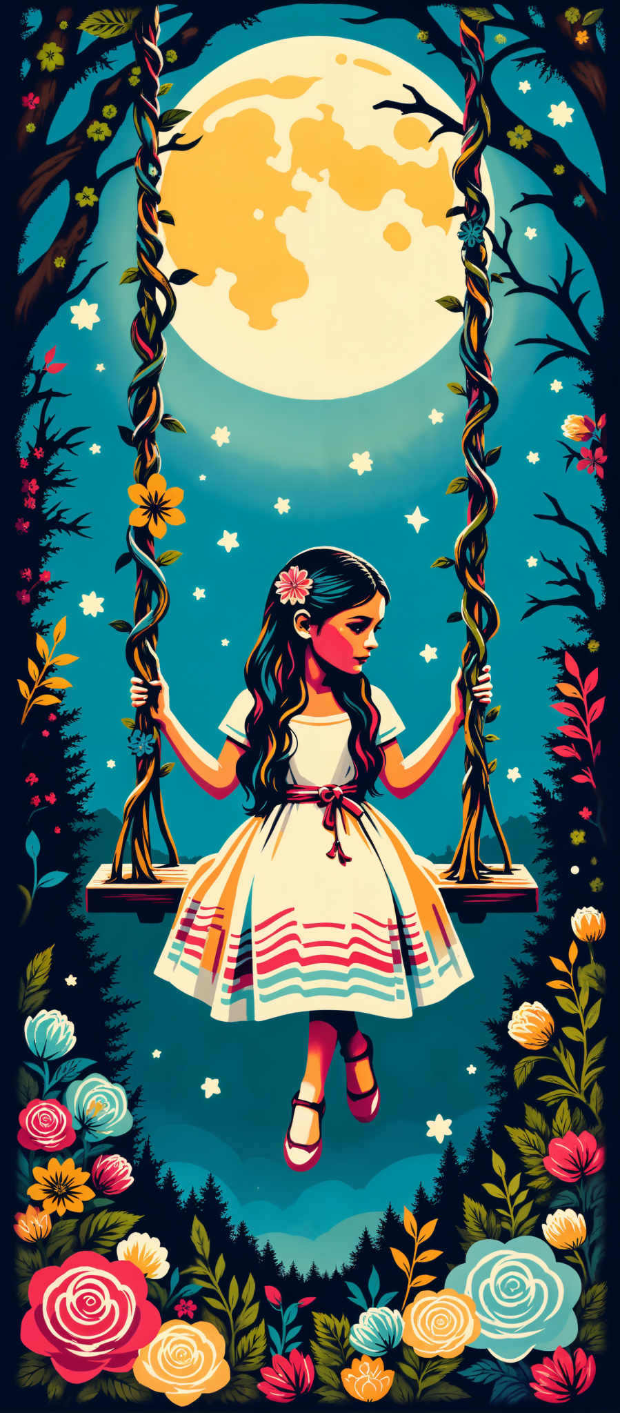 The image portrays a young girl with long dark hair dressed in a white dress adorned with blue and red stripes. She is standing on a wooden platform holding two tree branches with yellow flowers on them. The background is a dark blue sky filled with stars and a full moon. The art style is surreal and the subject is a girl. The motif is a dreamy celestial scene.