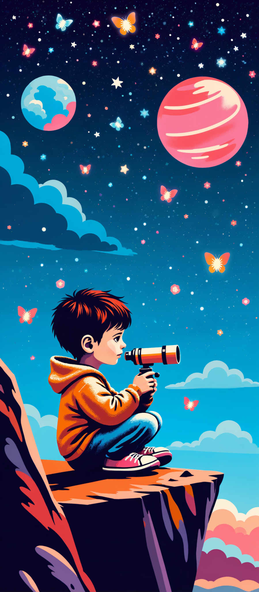 A young boy in an orange hoodie is sitting on a rock looking through a telescope at butterflies and stars. The scene is set against a backdrop of a blue sky with clouds and butterflies flying around. The boy appears to be in a state of wonder and curiosity as he gazes into the vast expanse of the sky. The image is rendered in a vibrant and colorful style with the orange of the boy's hoodie standing out against the blue of the background. The art style is reminiscent of a children's book illustration with its bright colors and whimsical subject matter. The subject of the image is the boy and his exploration of the natural world and the motif is the wonder of discovery and the beauty of nature.