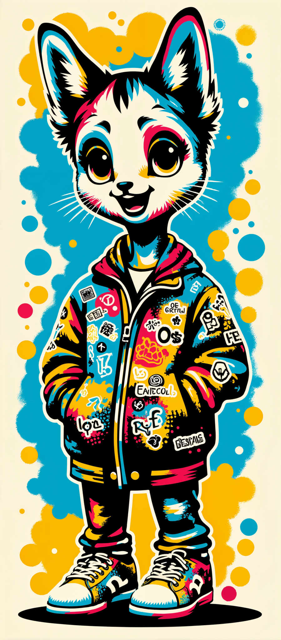 The image portrays a cartoon cat exuding a sense of joy and playfulness. The cat is adorned with a jacket that is a riot of colors featuring a variety of stickers and text. The jacket is a patchwork of different hues with the words "LOVE" "RYE" "ENTICOL" "DEATHS" and "OS" prominently displayed. The background is a vibrant blue speckled with yellow and orange circles adding to the overall cheerful ambiance of the image. The art style is reminiscent of graffiti lending a youthful and energetic vibe to the scene. The subject of the artwork is a cat a common motif in pop culture symbolizing companionship and affection. The image is a delightful blend of colors and textures creating a visually appealing and engaging visual narrative.