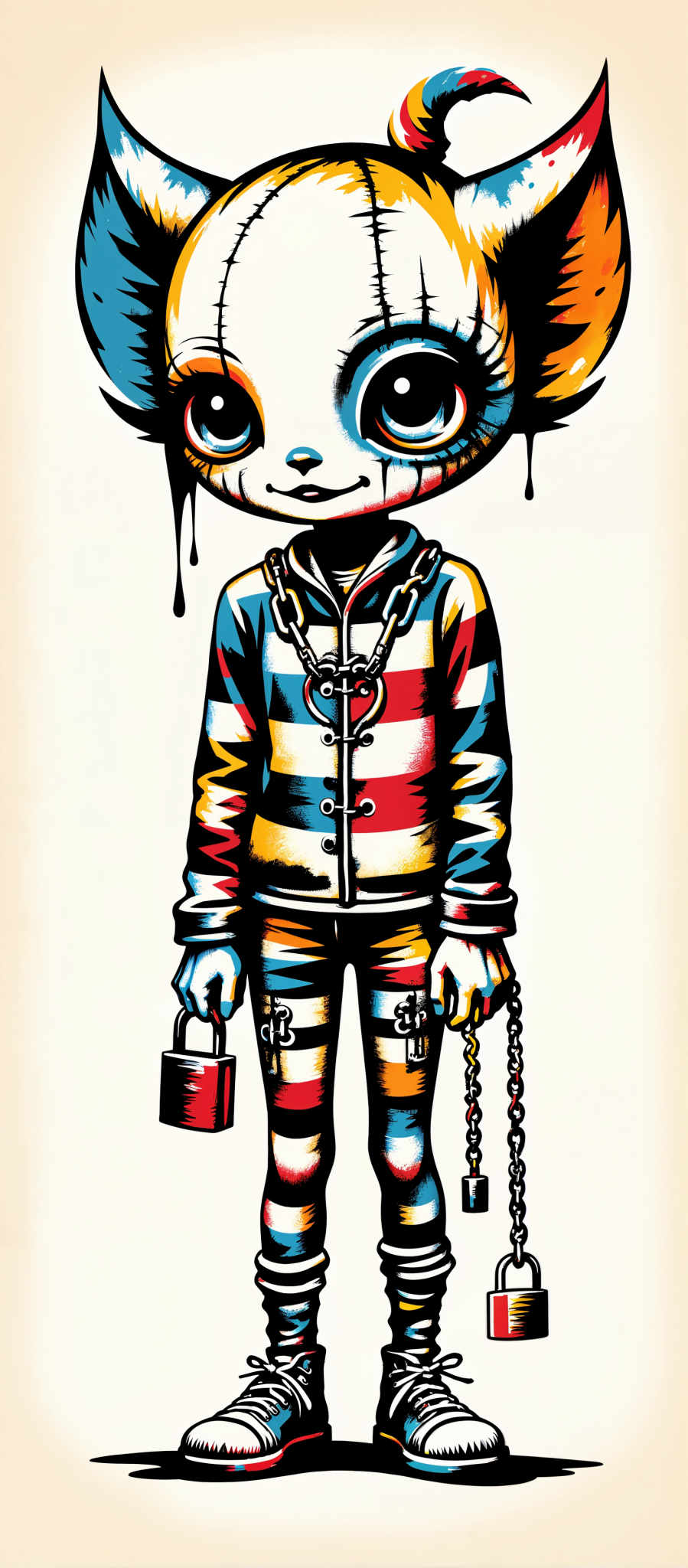 The image portrays a whimsical scene featuring a cat-like creature. The creature adorned with a striped jacket and striped pants stands out against the stark white background. Its face is a striking blue and it holds a red suitcase in its left hand suggesting a sense of adventure or travel. The right hand of the creature is chained to a chain adding an element of intrigue to the scene. The art style is reminiscent of graffiti or street art with bold lines and bright colors. The subject of the image is the creature and the motif is one of adventure and mystery. The overall mood of the piece is playful and imaginative.