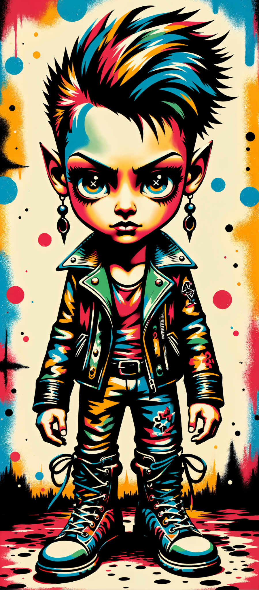 The image portrays a young girl with striking blue eyes and a unique hairstyle. She is dressed in a vibrant jacket adorned with a floral pattern and she sports a pair of dangling earrings. The girl's gaze is directed straight at the viewer creating an engaging and captivating portrait. The art style is reminiscent of graffiti characterized by its bold lines and bright colors. The subject of the image is a young woman and the motif revolves around her youthful innocence and the vibrant energy of her surroundings. The image is rich in color and emotion making it a captivating piece of art.