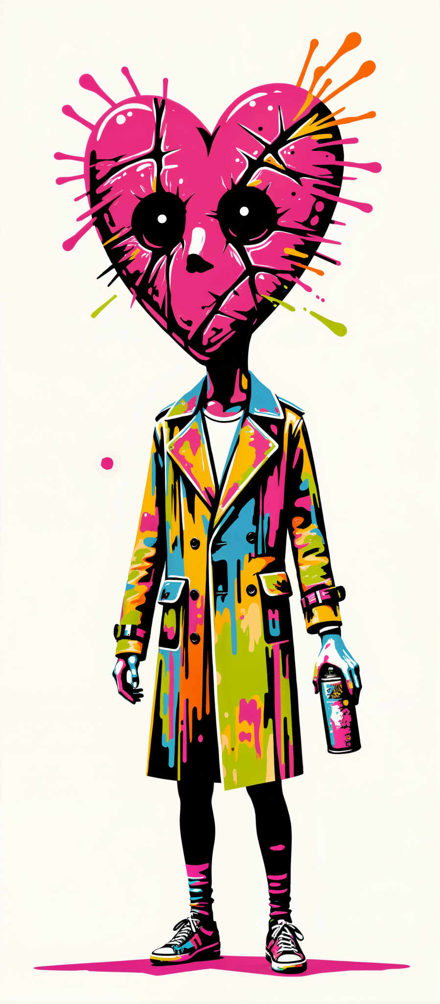 The image portrays a vibrant scene featuring a person dressed in a colorful coat. The coat is a riot of colors with a pink heart adorning the top. The person is also holding a can of soda adding to the casual and fun atmosphere of the image. The art style is reminiscent of graffiti with bold lines and bright colors dominating the scene. The subject of the artwork is a person and the motif is a celebration of color and joy. The overall mood conveyed by the image is one of happiness and positivity.