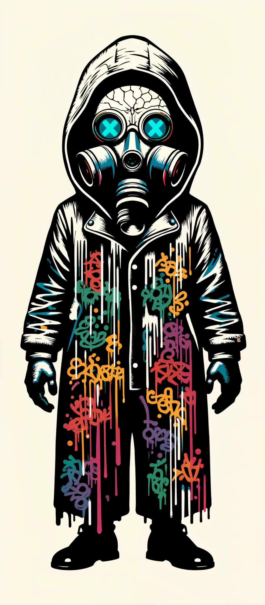 The image portrays a person standing with their hands on their hips. They are wearing a long coat that is predominantly black but it is adorned with splashes of color. The colors include red green yellow and blue. The coat has a hood and is decorated with a pattern of lines and dots. The person is also wearing a gas mask which is black and features a red stripe. The background of the image is a light beige color.