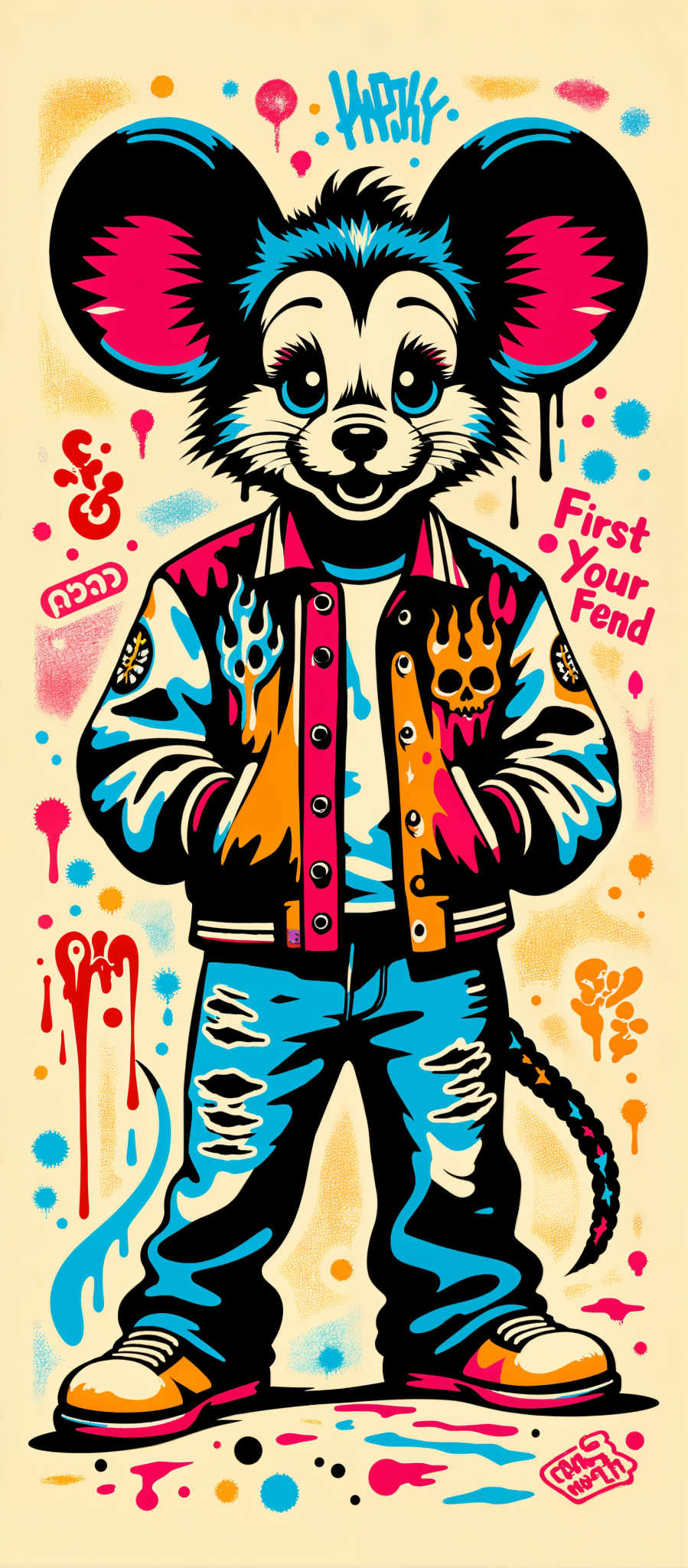 The image portrays a cartoon character a cat who is the central figure. The cat is dressed in a jacket that is a mix of blue orange and pink colors. The jacket is adorned with a skull and crossbones design on the left chest adding a touch of edginess to the overall look. The character is standing against a backdrop that is filled with splatters of red blue and yellow colors creating a vibrant and dynamic atmosphere. The art style of the image is reminiscent of graffiti with bold lines and bright colors. This image seems to be a playful and creative representation of a feline character possibly symbolizing the rebellious spirit of the cat.