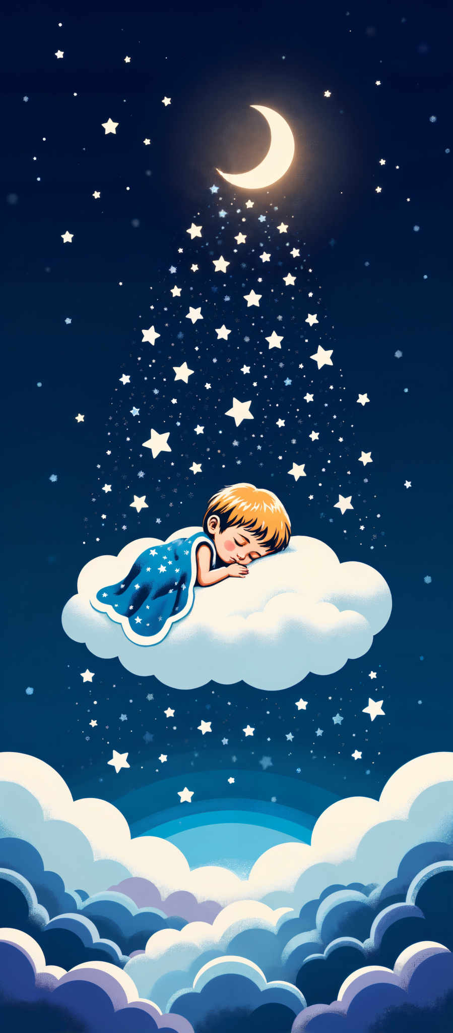 A young boy is peacefully sleeping in a fluffy white cloud. He is dressed in a blue nightgown and has brown hair. The cloud is set against a dark blue background with white stars scattered throughout. The boy's tranquil slumber and the serene night sky create a sense of calm and tranquility. The image is rendered in a whimsical and dreamy art style. The subject of the image is a child's peaceful sleep and the motif is the beauty of dreams and the comfort of sleep. The colors used in the image are predominantly blue and white with the dark blue of the background and the white of the cloud and stars. The art style of the illustration is whimsical with a focus on the child and the cloud. The overall mood of the artwork is peaceful and serene.