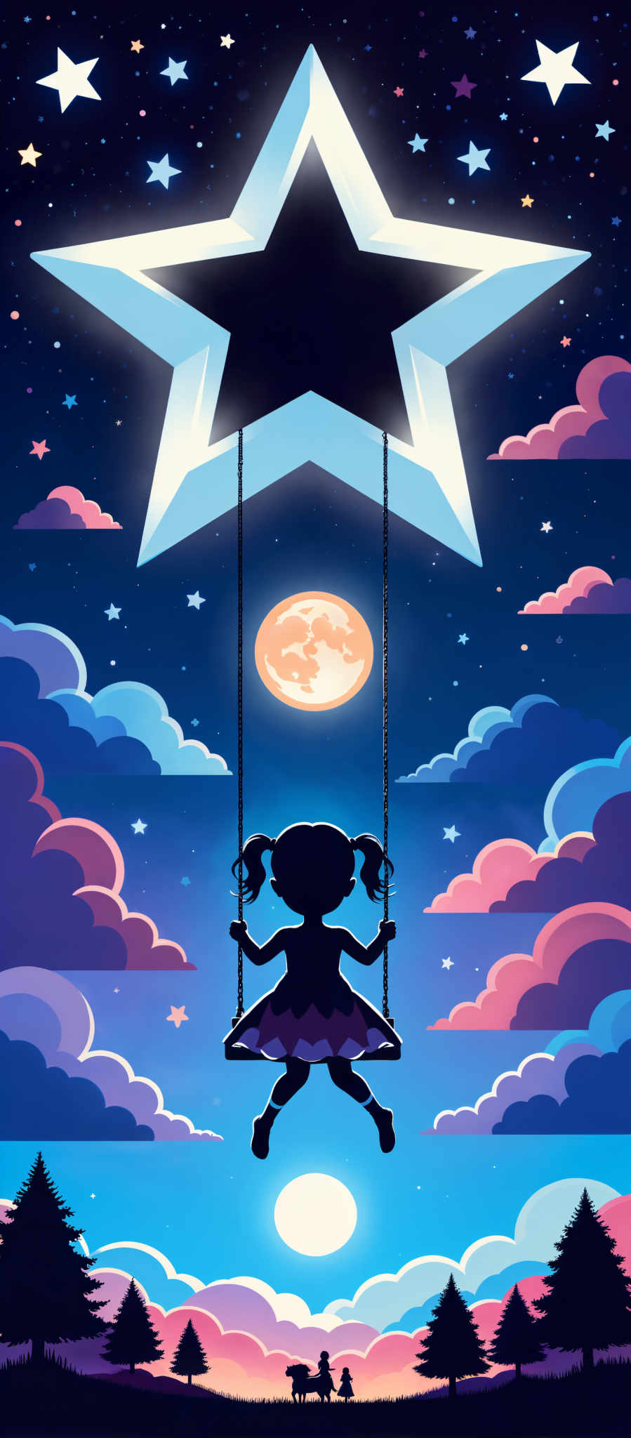 A young girl is swinging on a swing in the night sky. The girl is wearing a dress and has pigtails. The swing is suspended from a large letter "W". The background is filled with clouds and stars and a full moon is visible in the sky. This image is a beautiful representation of childhood innocence and the wonder of the night.