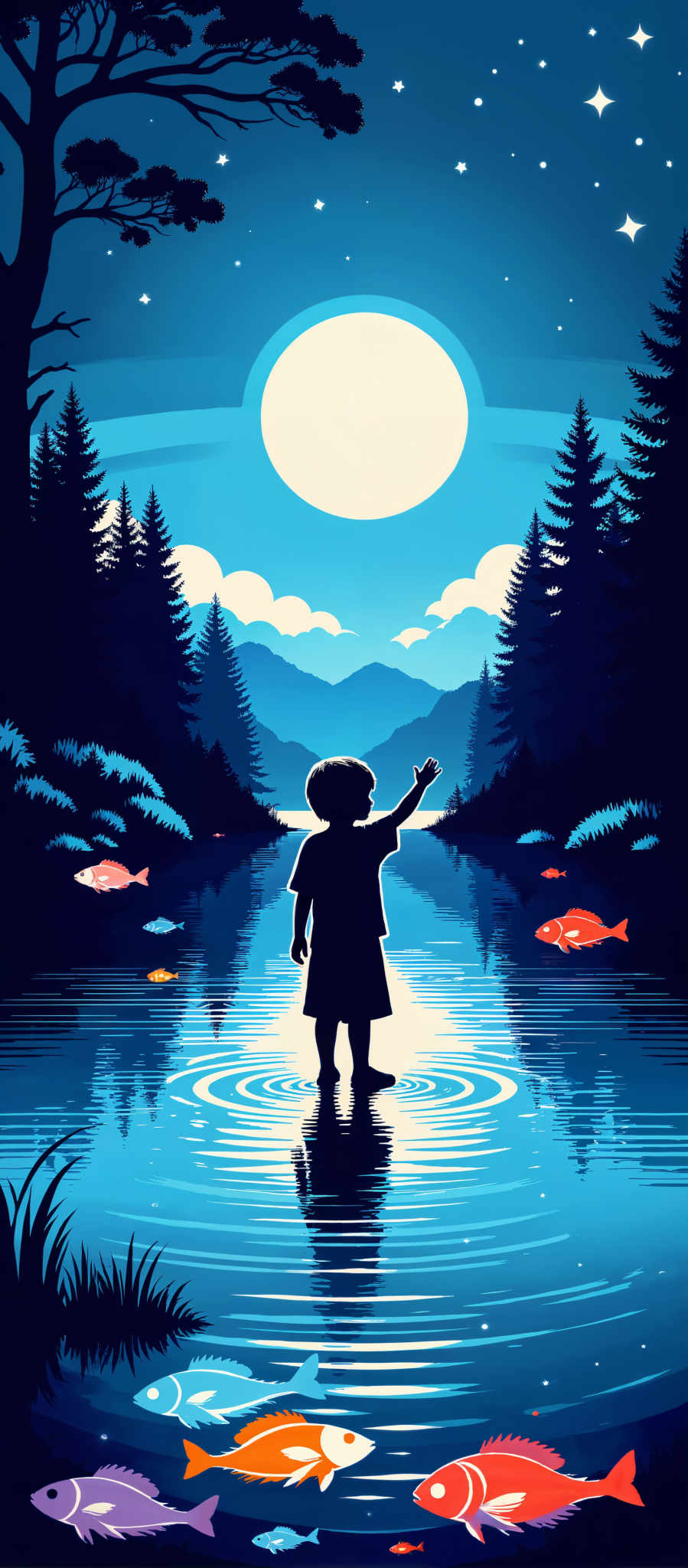 A child stands in a serene lake surrounded by a forest of tall trees. The child dressed in a black dress reaches up towards the sky their hand extended upwards. The lake is home to several fish their scales shimmering in the sunlight. The sky above is a clear blue with a full moon rising in the distance. The art style is reminiscent of a painting with the child and the surrounding nature depicted in a realistic manner. The subject of the image is the child's interaction with nature as they reach up towards an unseen object or being. The motif of the scene is one of exploration and wonder as the child ventures into the unknown.