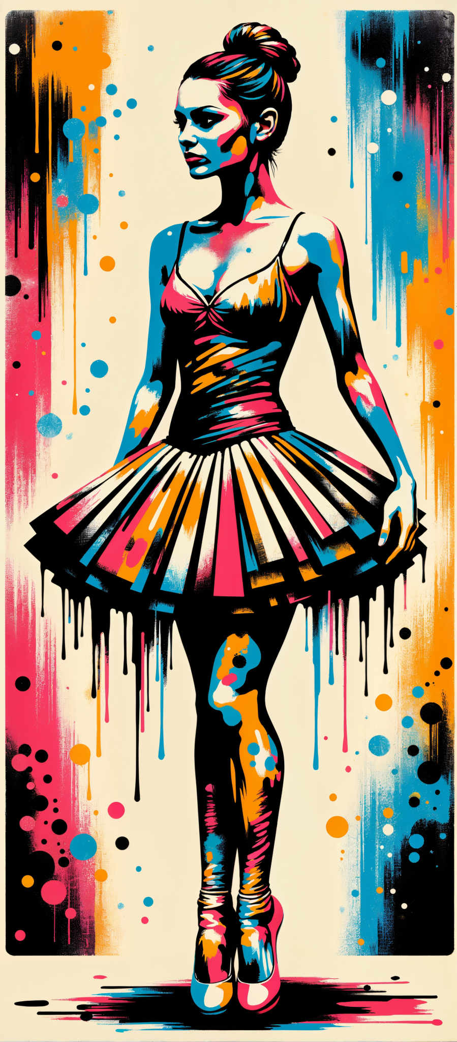 The image portrays a woman in a vibrant abstract dress. The dress is a riot of colors with blue pink yellow and orange hues. The woman's body is the central focus of the image with her arms and legs extending towards the edges. The background is a canvas of splattered paint in various colors creating a sense of movement and energy. The art style is abstract with bold lines and shapes defining the form of the woman and her dress. This image is a celebration of color and form capturing a moment of joy and creativity.