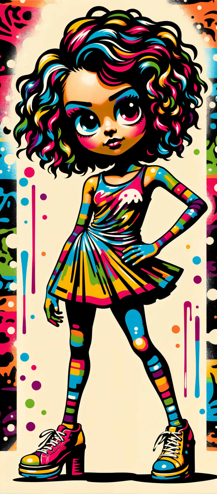 The image portrays a young girl with curly hair dressed in a vibrant colorful dress. The dress is a riot of colors with a mix of pink blue green and yellow hues. The girl's hair is curly and appears to be a rich brown color. The background is a stark white but it is adorned with splashes of color adding to the overall vibrancy of the image. The art style is abstract with bold lines and shapes contributing to the dynamic nature of the piece. The subject of the artwork is a young woman and the motif revolves around her colorful attire and the abstract background. The image evokes a sense of joy and creativity with the bright colors and abstract style creating a visually appealing and engaging composition.