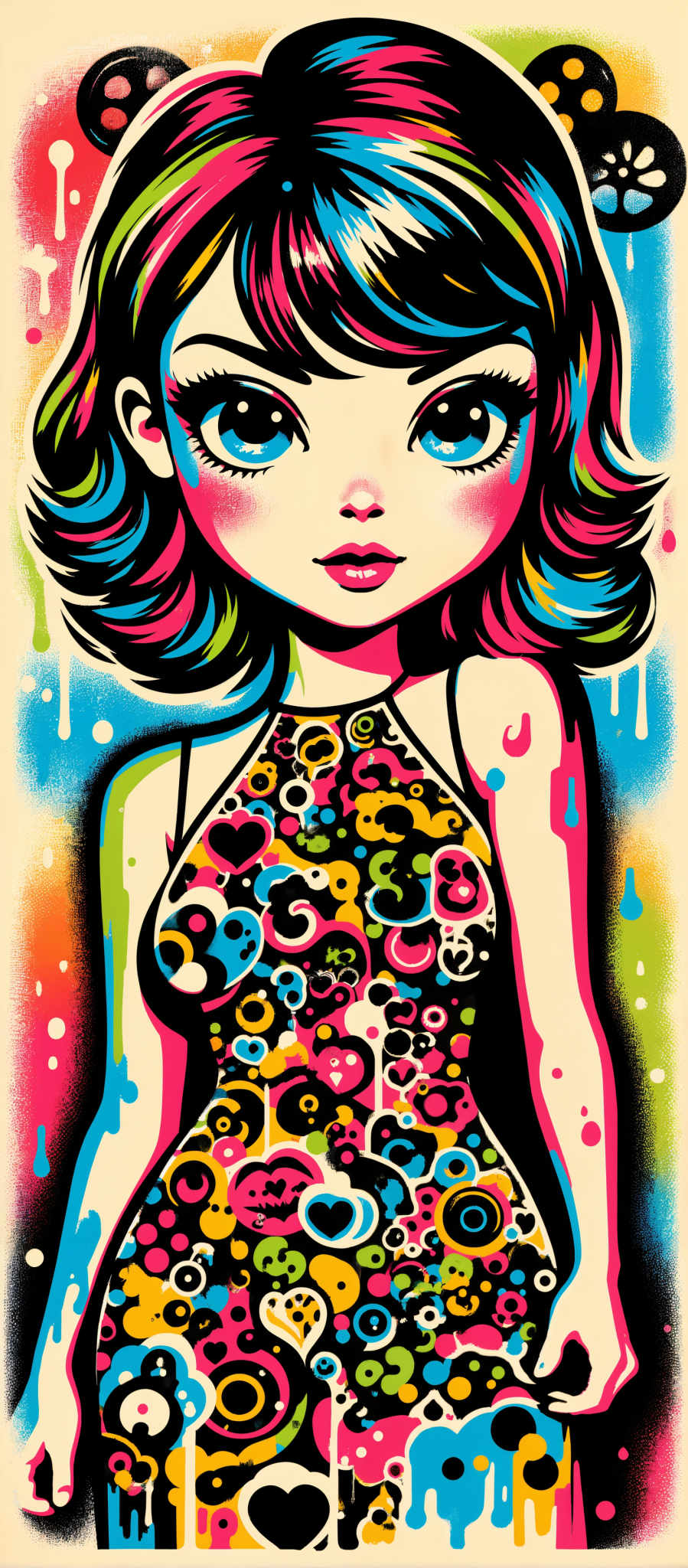 The image portrays a young girl with vibrant blue eyes and fiery red hair. She is adorned in a dress bursting with a riot of colors including pink yellow and green. The dress is a canvas for a myriad of circles and dots adding to the overall vibrancy of the image. The girl's gaze is directed towards the viewer creating an engaging and captivating portrait. The art style is reminiscent of graffiti characterized by its bold lines and bright colors. The subject of the artwork is a young woman and the motif revolves around her colorful attire and expressive eyes. The image is a celebration of color and life captured in the form of a young vibrant woman.